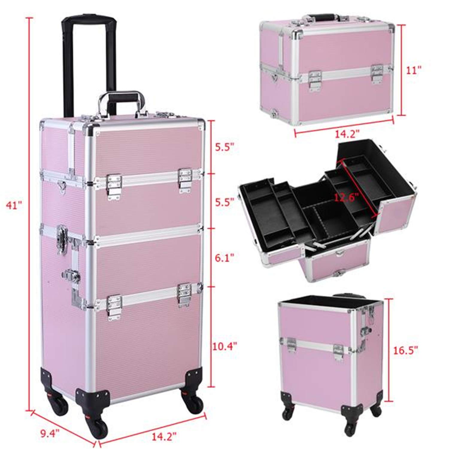 Professional 3-in-1 Aluminum Rolling Makeup Case - Cosmetic Organizer with 4 Detachable Wheels, Pink Trolley Train Case for Artists & Tattoo Professionals | Perfect for Salon, Travel & Mobile Beauty Services
