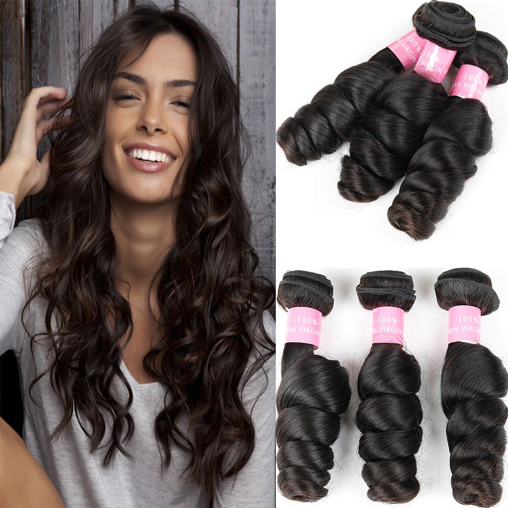 100% Virgin Brazilian Human Hair Weave Bundles - 3 Bundles Loose Wave Remy Hair Extensions (28