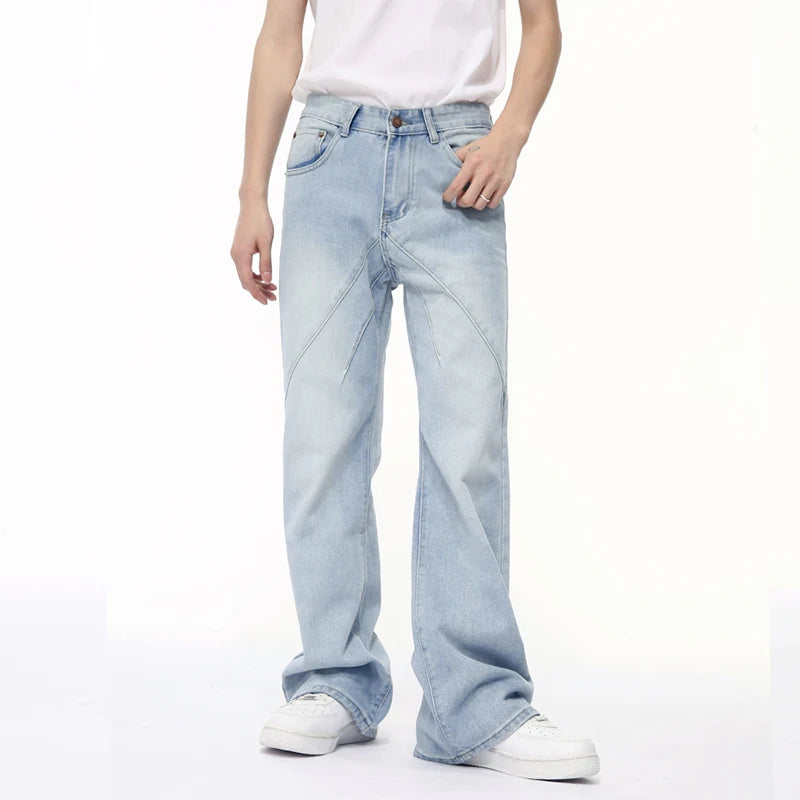American Style Men's Jeans | Patchwork Design Straight Leg Denim Pants for Men | Wide Leg Casual Male Trousers | Stylish Streetwear (9C6400) | Perfect for Everyday Wear, Urban Fashion & Casual Outings
