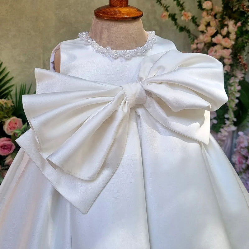 Elegant Satin Beaded Flower Girl Dress Tea Length - Perfect for Weddings, Baptisms & Special Occasions