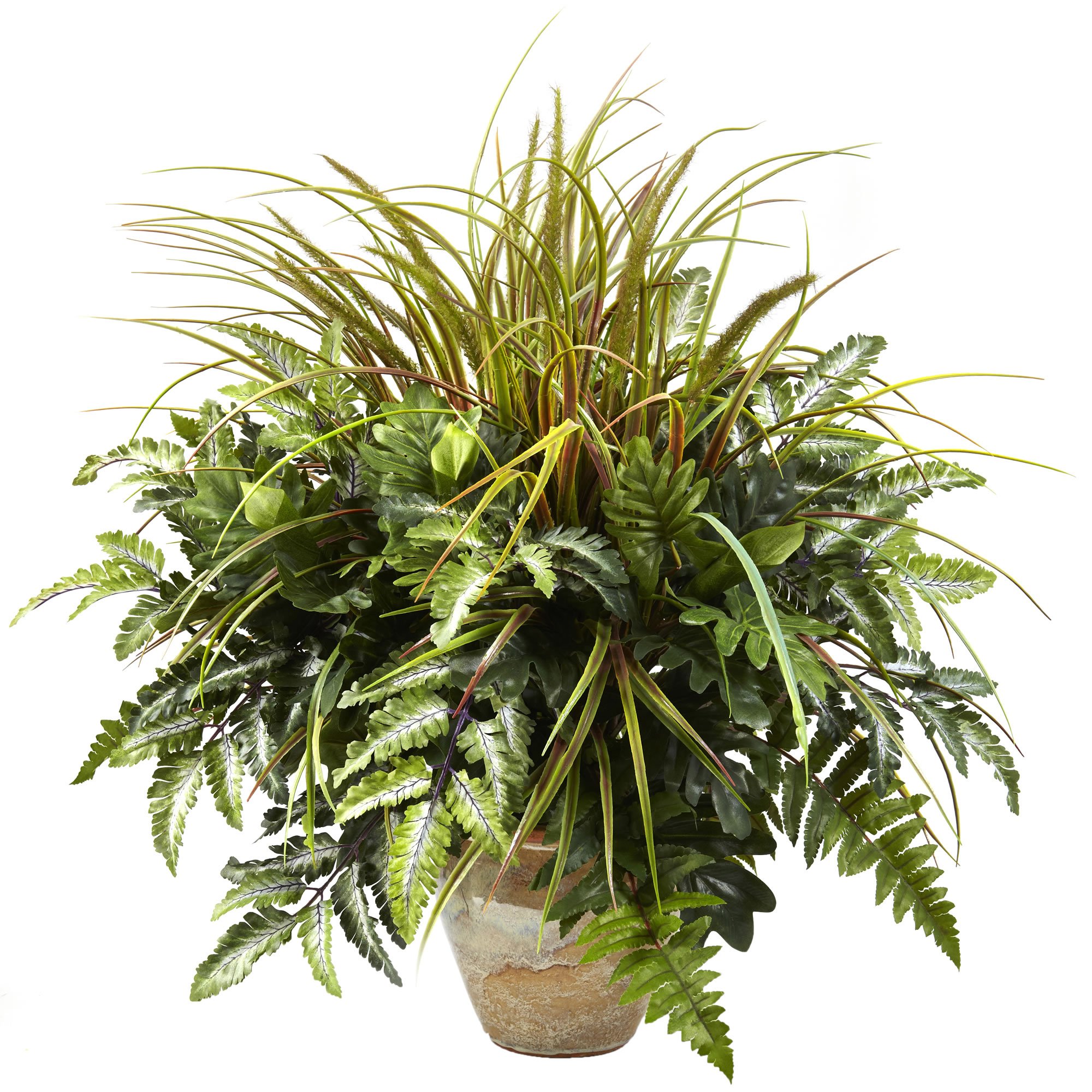 Nearly Natural Mixed Greens & Grass with Ceramic Planter - Artificial Plants for Home Decor, Office & Indoor Spaces - Perfect for Living Room, Bedroom, Bathroom & Kitchen Decor
