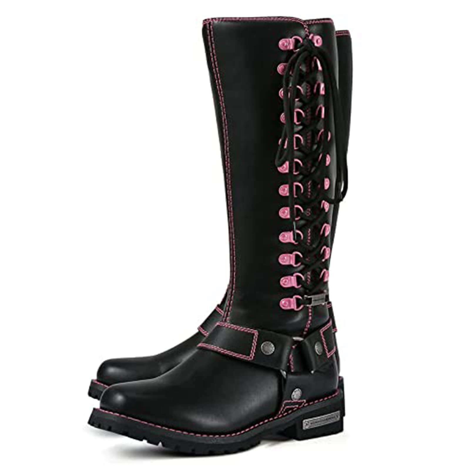 Dream Apparel Women's Motorcycle Riding Boots - Black PU Leather Biker Boots with Square Toe, Lace Up & Side Zipper | Knee High Riding Boots for Harley Davidson & Cruiser Bikes | Perfect for Motorcycle Enthusiasts & Urban Fashion
