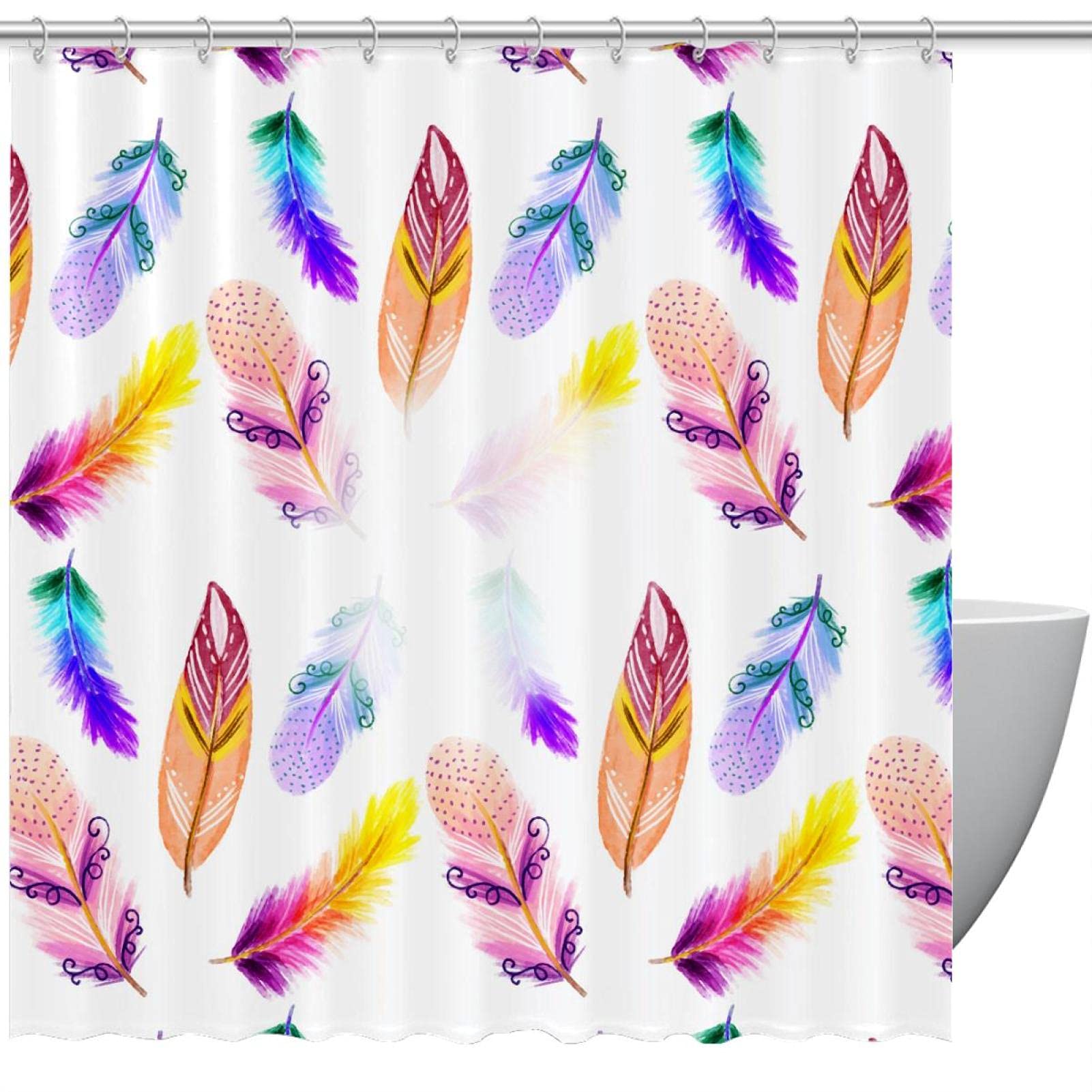Bohemian Feather Shower Curtain - Waterproof Bathroom Decor with 12 Hooks, 66x72 Inches - Hippie Style Boho Chic for Bath, Beach House & Festival Decor