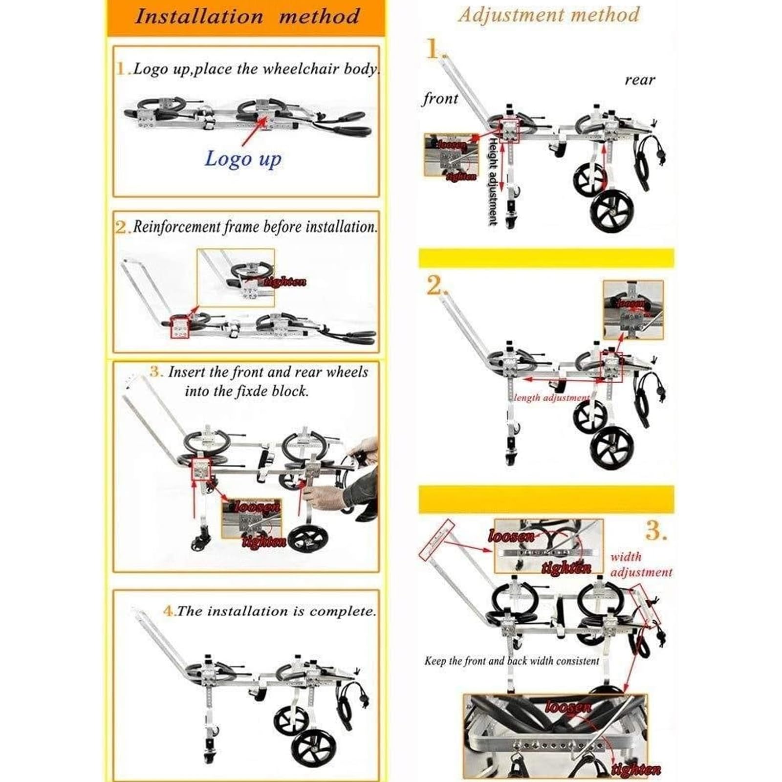 Adjustable 4-Wheel Dog Wheelchair with Hand Pull Pole - Small/Medium/Large Pet Mobility Aid for Hind Leg Rehabilitation & Full Body Support - Perfect for Disabled, Injured, or Senior Dogs Indoor/Outdoor Use