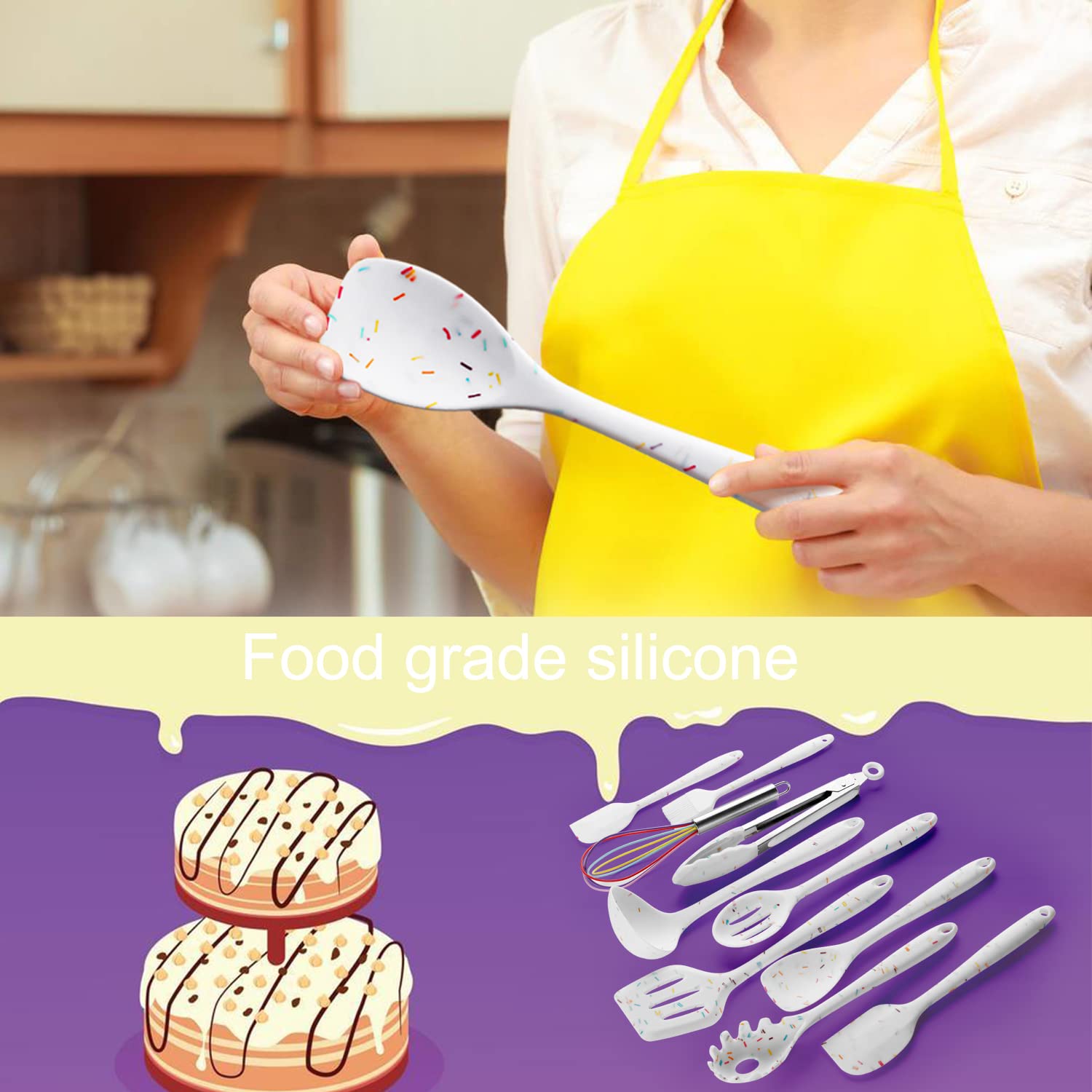 10-Piece Colorful Silicone Cooking Utensil Set - Non-Stick Heat Resistant Kitchen Tools with Turner, Tongs, Spatula, Spoon, Brush & Whisk - Perfect for Baking, Frying & Everyday Cooking