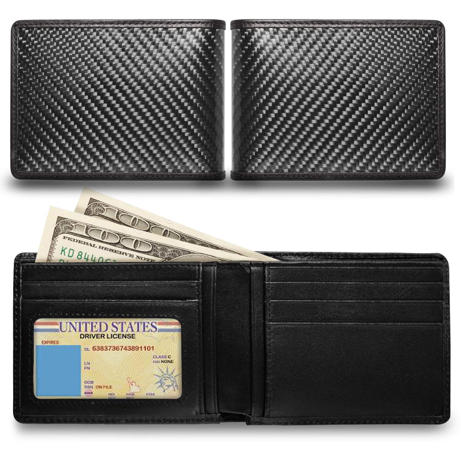 Ford Focus RS Black Real Carbon Fiber Leather RFID Blocking Bi-fold Wallet - Premium Slim Wallet for Men, Ideal for Everyday Carry, Travel & Car Enthusiasts