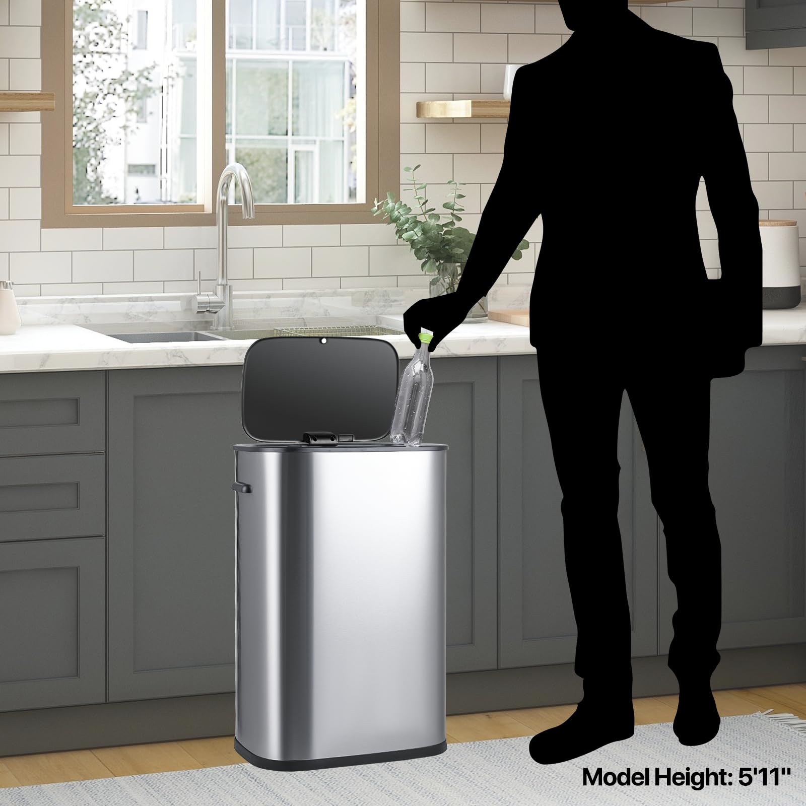 MoNiBloom 14.5-Gallon Touchless Automatic Motion Sensor Trash Can with Soft-Close Lid - Stainless Steel 55-Liter Fingerprint-Proof Garbage Bin for Kitchen, Bathroom, Bedroom, Living Room, Home Office & Dorm - Ideal for Hands-Free Waste Disposal & Hygienic Home Cleaning