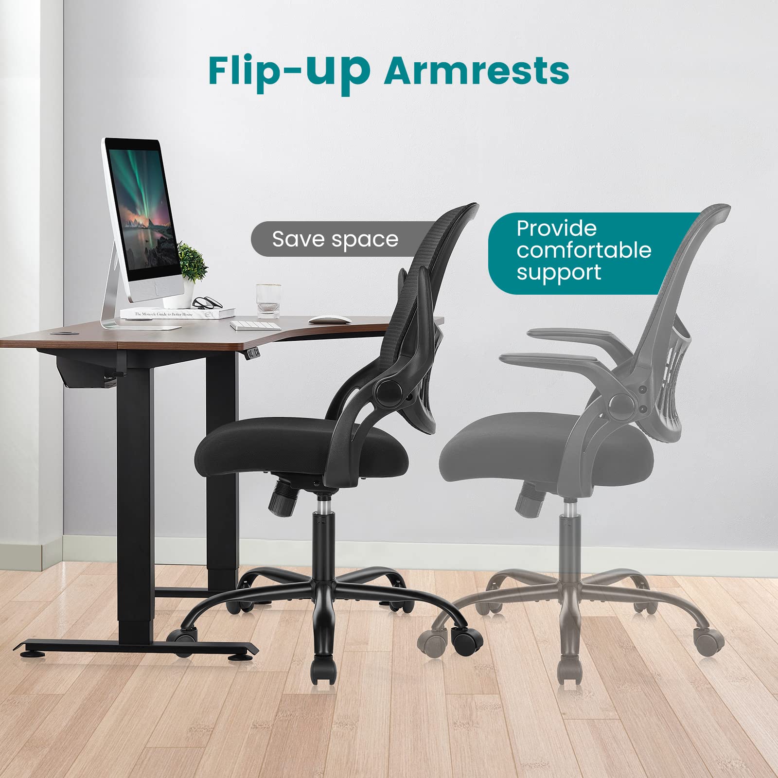 Ergonomic Office Chair with Lumbar Support - Mid Back Mesh Computer Desk Chair with Wheels, Swivel & Flip-Up Arms - Comfortable Task Chair for Home Office, Gaming, Study & Bedroom - Black (Ideal for Long Work Hours, Online Classes & PC Gaming Sessions)