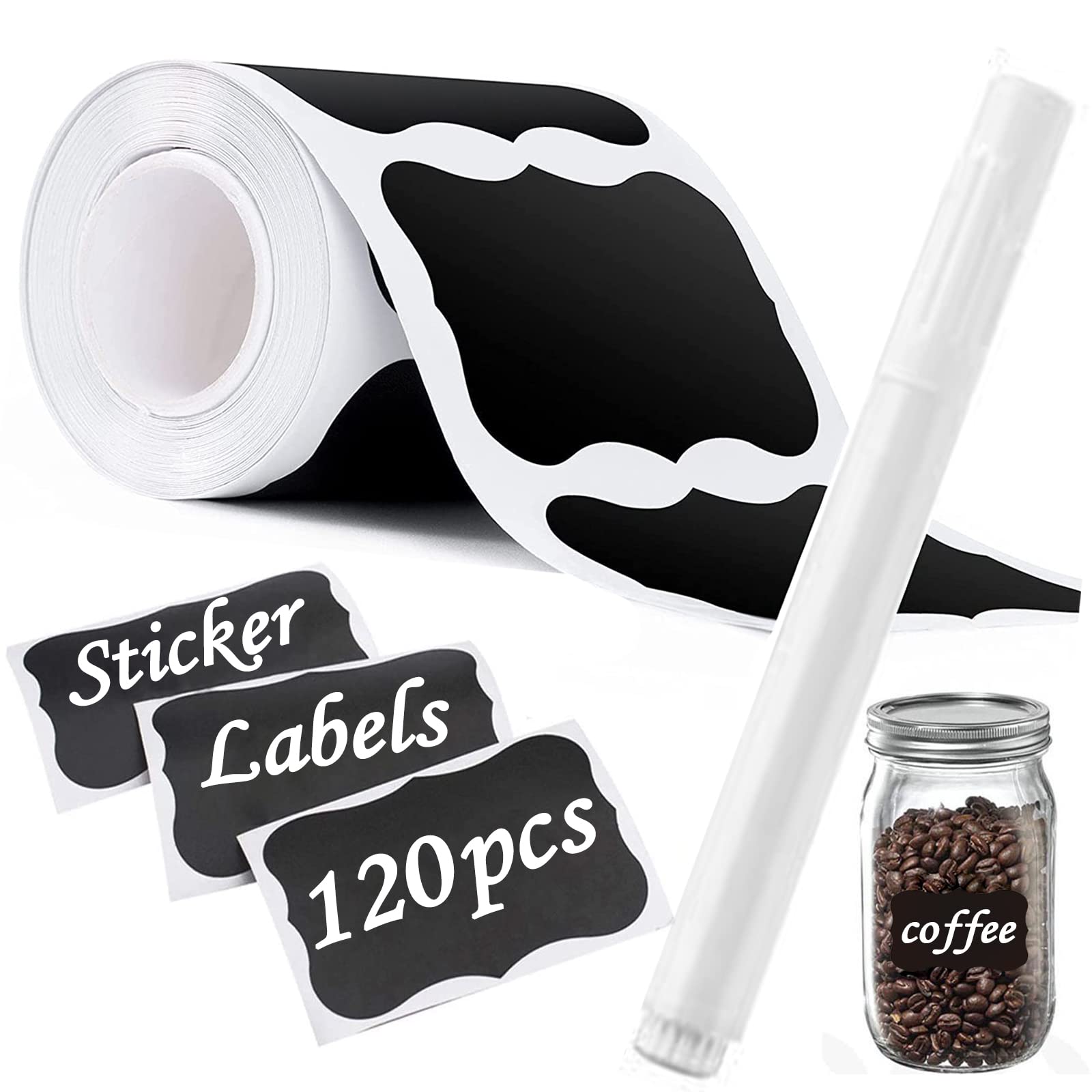 120pcs Reusable Black Chalkboard Stickers for Containers & Jars - Waterproof Chalkboard Labels with White Chalk Marker - Perfect for Organizing Storage Bins, Glass Jars, Kitchen Containers & Office Supplies
