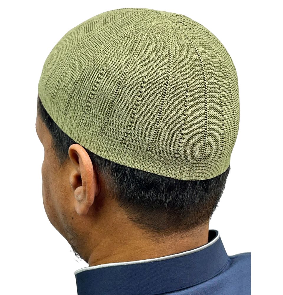 Islamic Men's Knitted Kufi VS1 Olive Green - Traditional Muslim Prayer Hat for Daily Wear & Religious Ceremonies