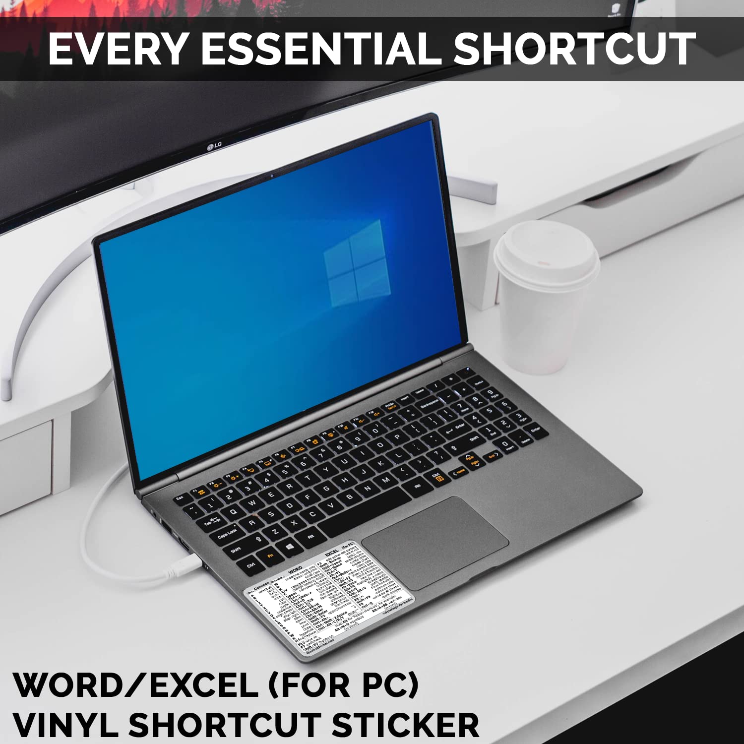 SYNERLOGIC Microsoft Word/Excel Windows 键盘快捷键贴纸 - 无残留乙烯基材质，白色小号，适合办公学习高效操作