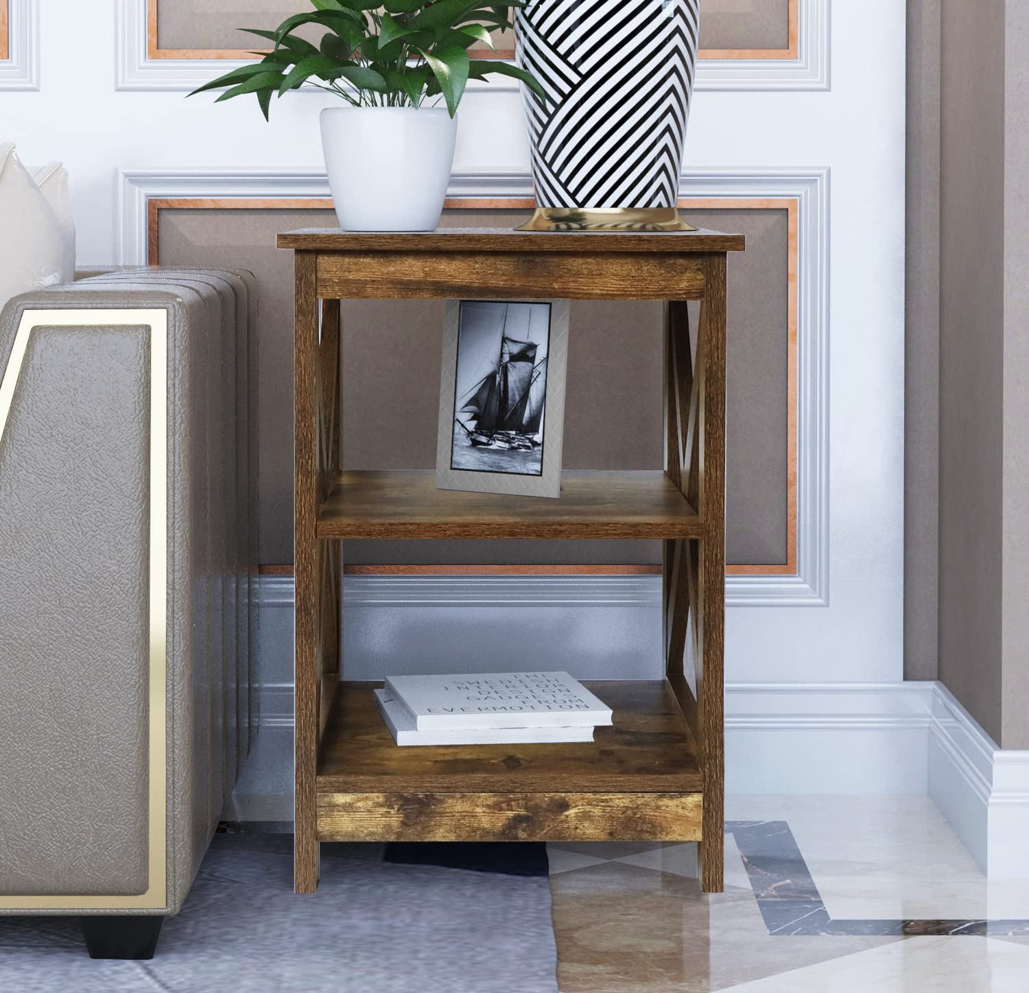 Rainbow Sophia Side Table - Modern Farmhouse Wood End Table with 3-Tier Storage Shelf, Rustic Nightstand for Living Room, Bedroom & Office - Perfect for Home Decor, Books & Plants Organization