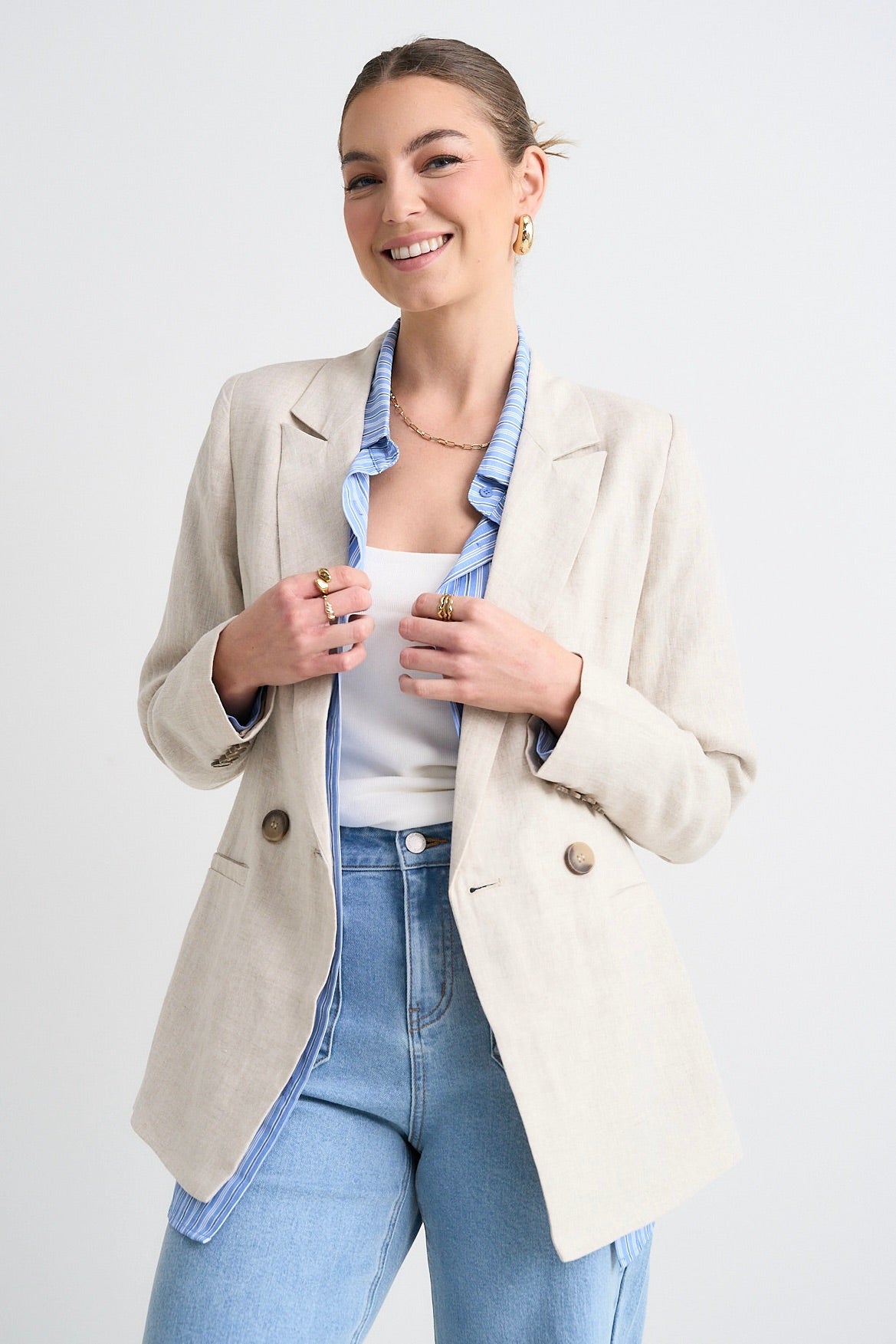 Atlas Natural Linen Double Breasted Blazer for Women | Slim Fit Business Casual Jacket | Perfect for Office, Weddings & Summer Outfits