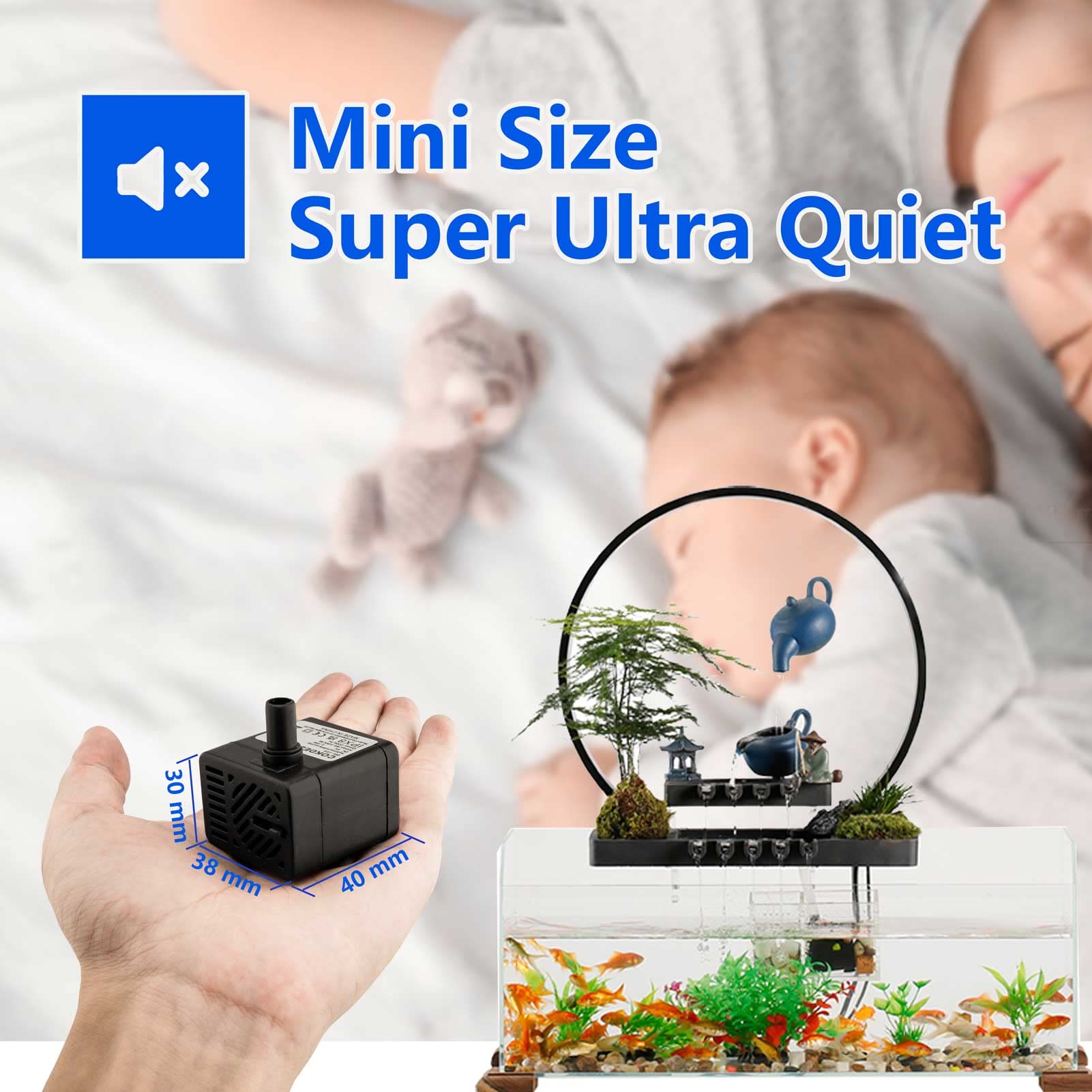 5V USB Mini Submersible Water Pump - Ultra Quiet Adjustable 200L/H DC Water Pump for Pet Fountains, Aquariums, Hydroponics | Indoor & Outdoor Use in Fish Tanks, Ponds, Garden Irrigation
