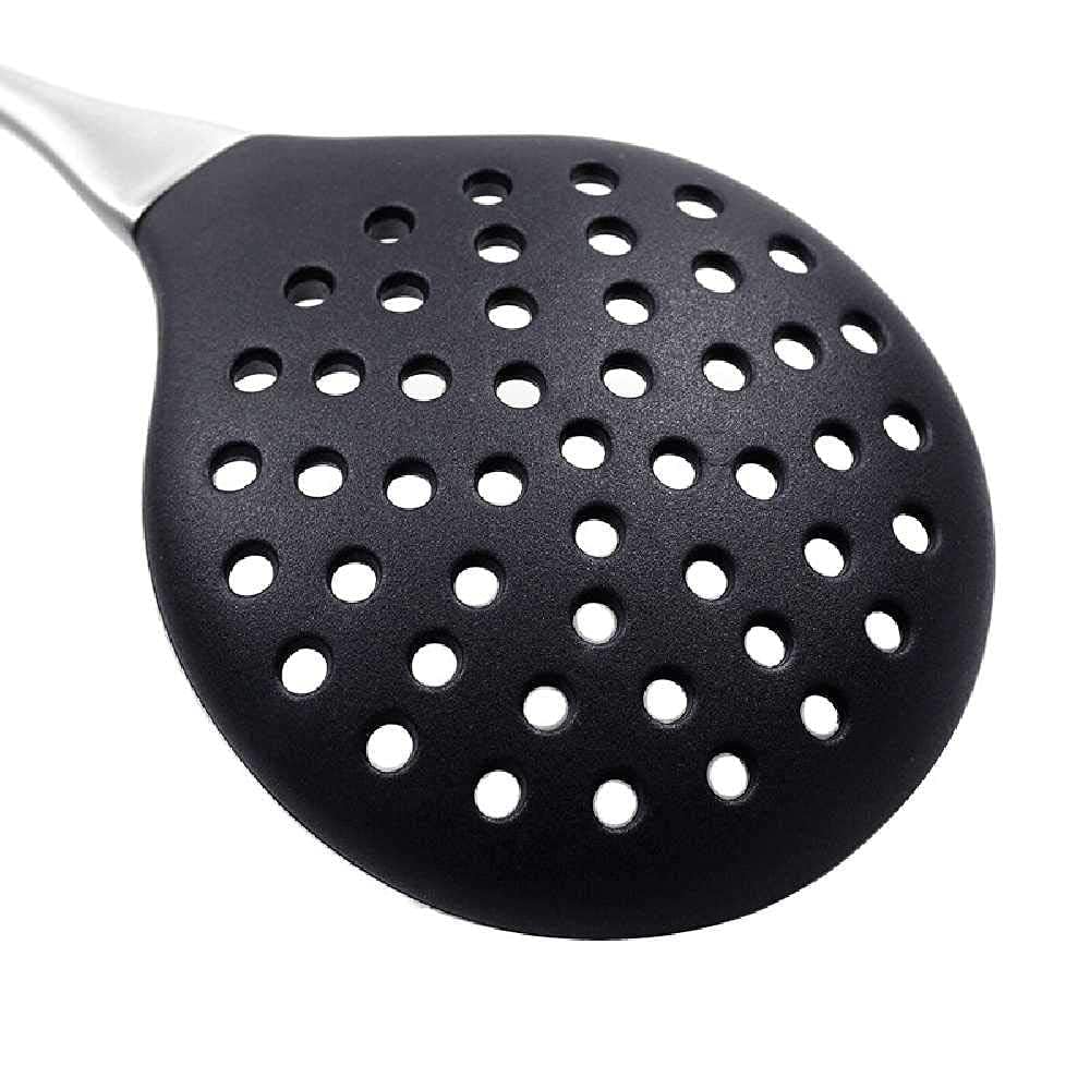 Premium Silicone Skimmer Slotted Spoon with Stainless Steel Handle - Durable Kitchen Utensil for Cooking, Frying & Serving - Ideal for Restaurants, Home Chefs & Outdoor BBQ (Black, Pack of 1)