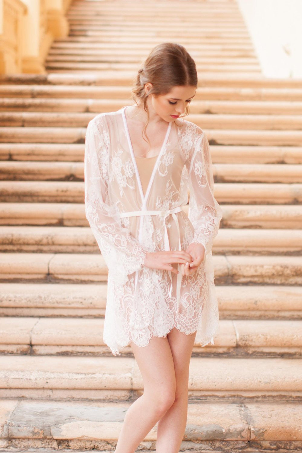 Ivory Lace Bridal Robe for Women - Elegant Boudoir Wedding Nightgown & Honeymoon Lingerie - Perfect for Bridal Shower, Photoshoot, and Romantic Occasions