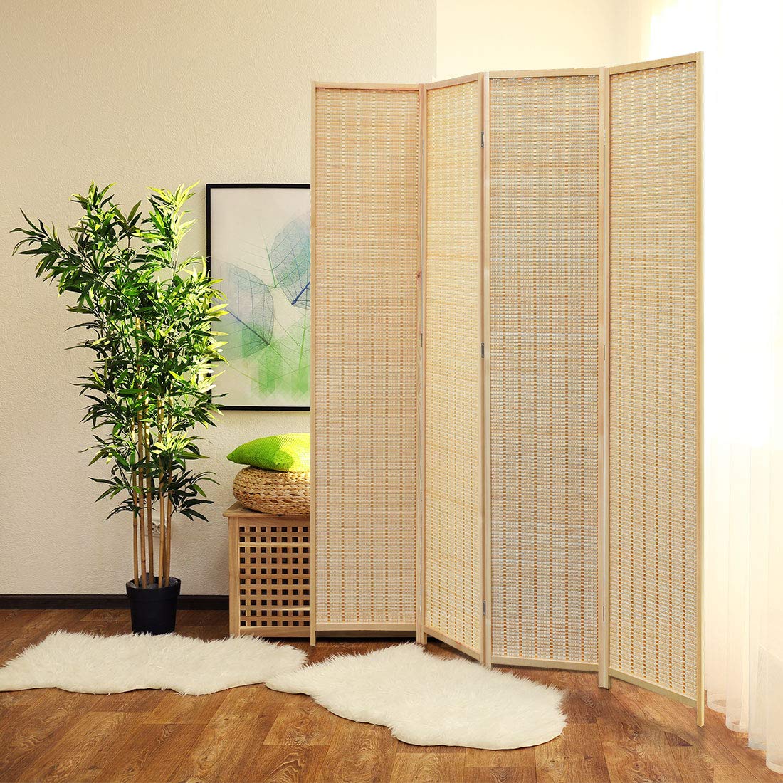 JOSTYLE 4-Panel Bamboo Room Divider - Natural Folding Privacy Screen for Home & Office - Beige Partition for Bedroom, Living Room, and Workspace