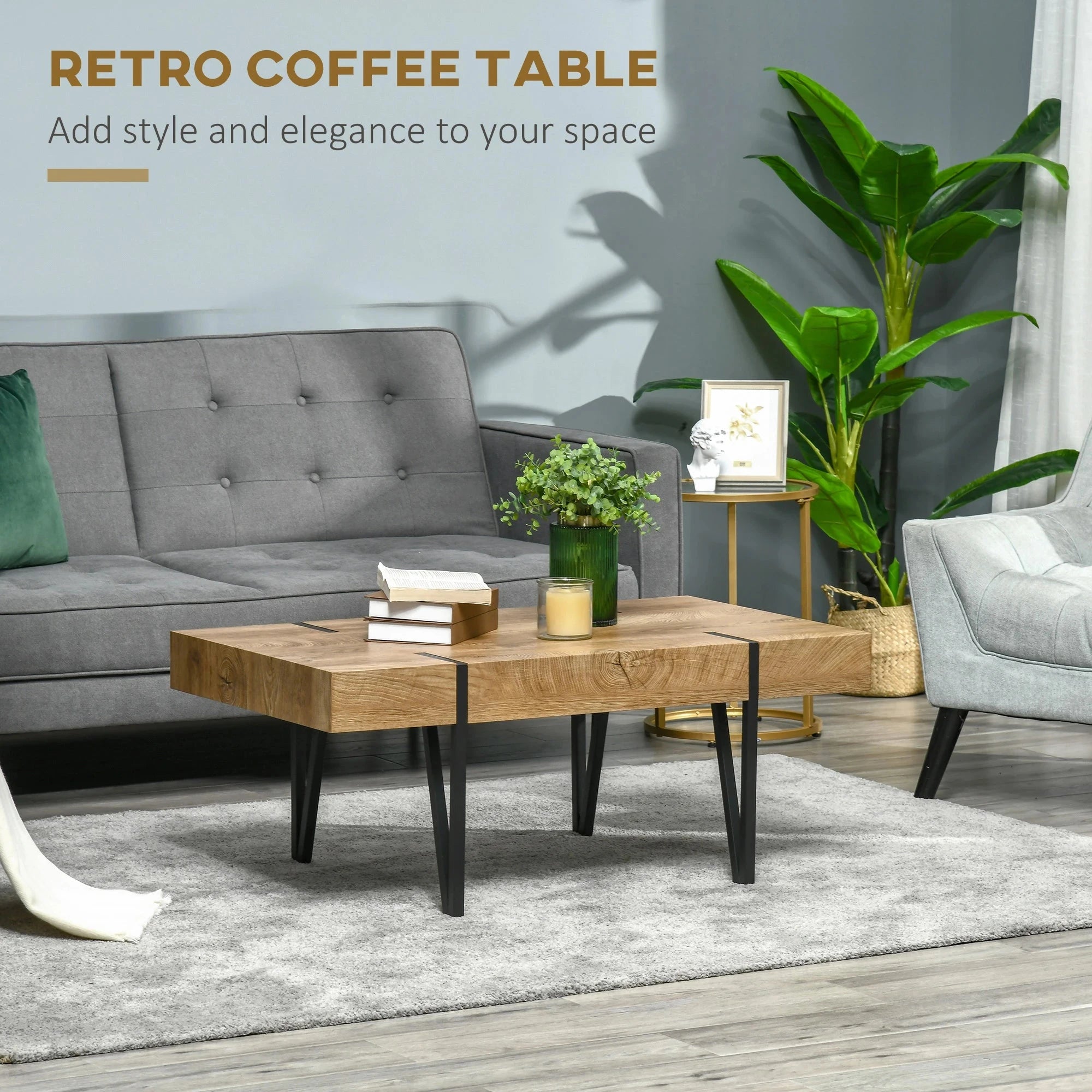 Rustic Coffee Table with Steel Hairpin Legs - Solid Natural Wood Modern Farmhouse Living Room Furniture for Home Decor & Small Spaces