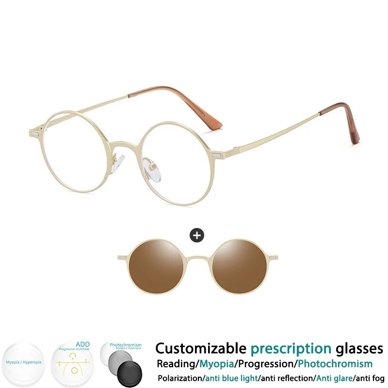 CCspace Women's Full Rim Round Alloy Eyeglasses with Clip-On Sunglasses - Stylish & Lightweight Frame for Reading, Driving, and Outdoor Activities (Model 302147)