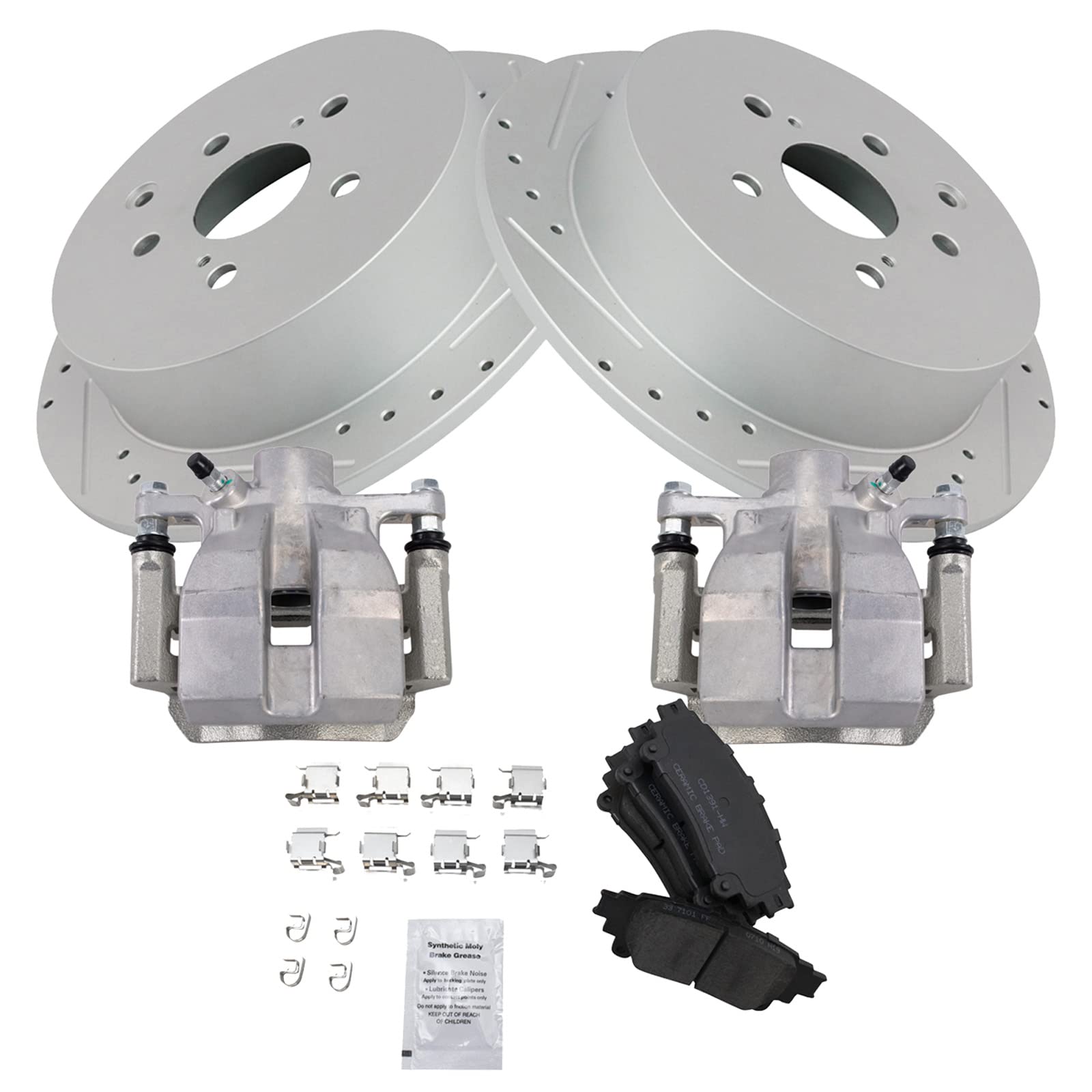 TRQ Rear Ceramic Brake Pads with Performance Rotors & Caliper Kit - Compatible with Toyota Camry, Corolla, RAV4 | High-Temperature Resistance, Low Noise | Perfect for City Driving, Highway Commuting & Performance Upgrades