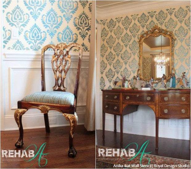 Anika Ikat Damask Wall Stencil - DIY Home Decor Painting Template for Walls, Furniture & Crafts - Perfect for Bedroom, Living Room, Nursery Accent Walls