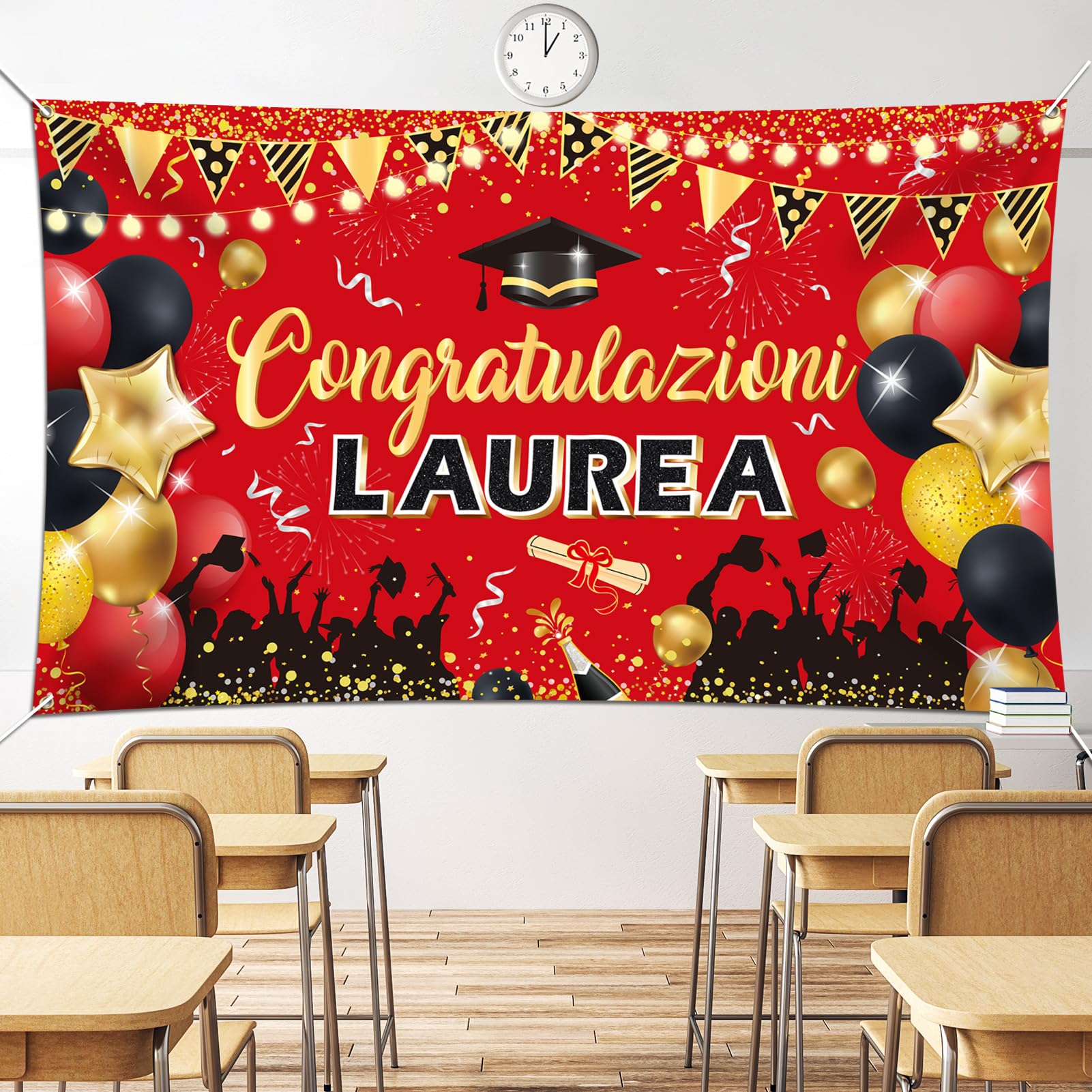 DPKOW 2025 Graduation Banner - Italian Themed Large Red Fabric Congratulations Flag (180x110cm) - Perfect for University Graduation Party Decorations & Celebration Backdrop