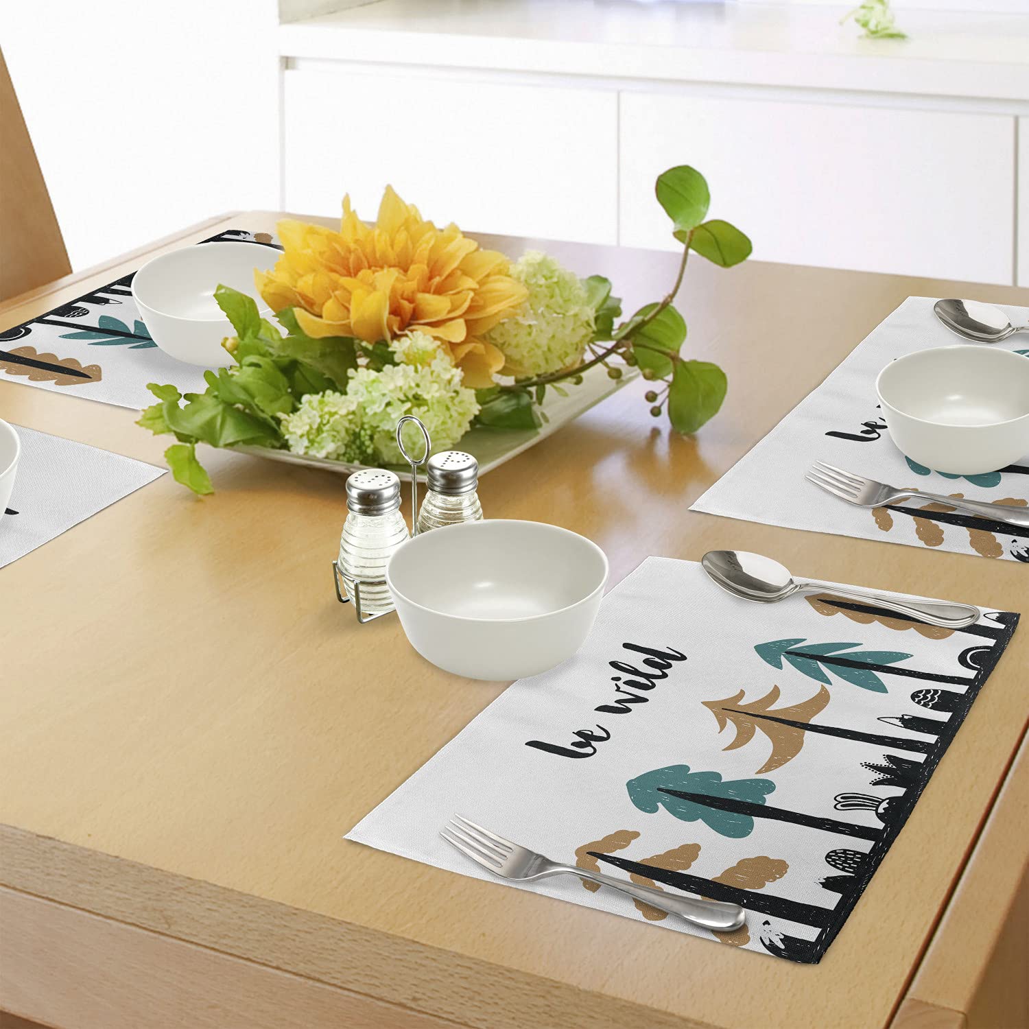 Lunarable Wild and Free Place Mats Set of 4 - Hand Drawn Forest Design with 'Be Wild' Message, Washable Fabric Placemats for Dining Table & Kitchen Decor in Pale Brown, Teal & Black | Perfect for Rustic, Bohemian & Nature-Inspired Home Decor