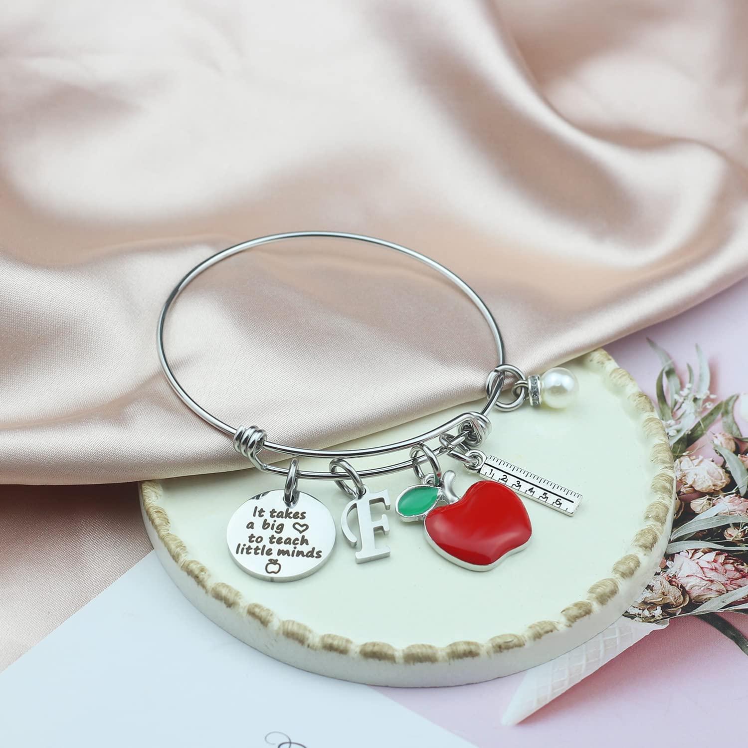 Scwasen Initial Teacher Bracelet for Women - Heart Shaped Teacher Appreciation Gift with 'It Takes a Big Heart to Teach Little Minds' Engraving - Perfect Thank You Gift for Teachers Day, Graduation, Retirement & Everyday Appreciation