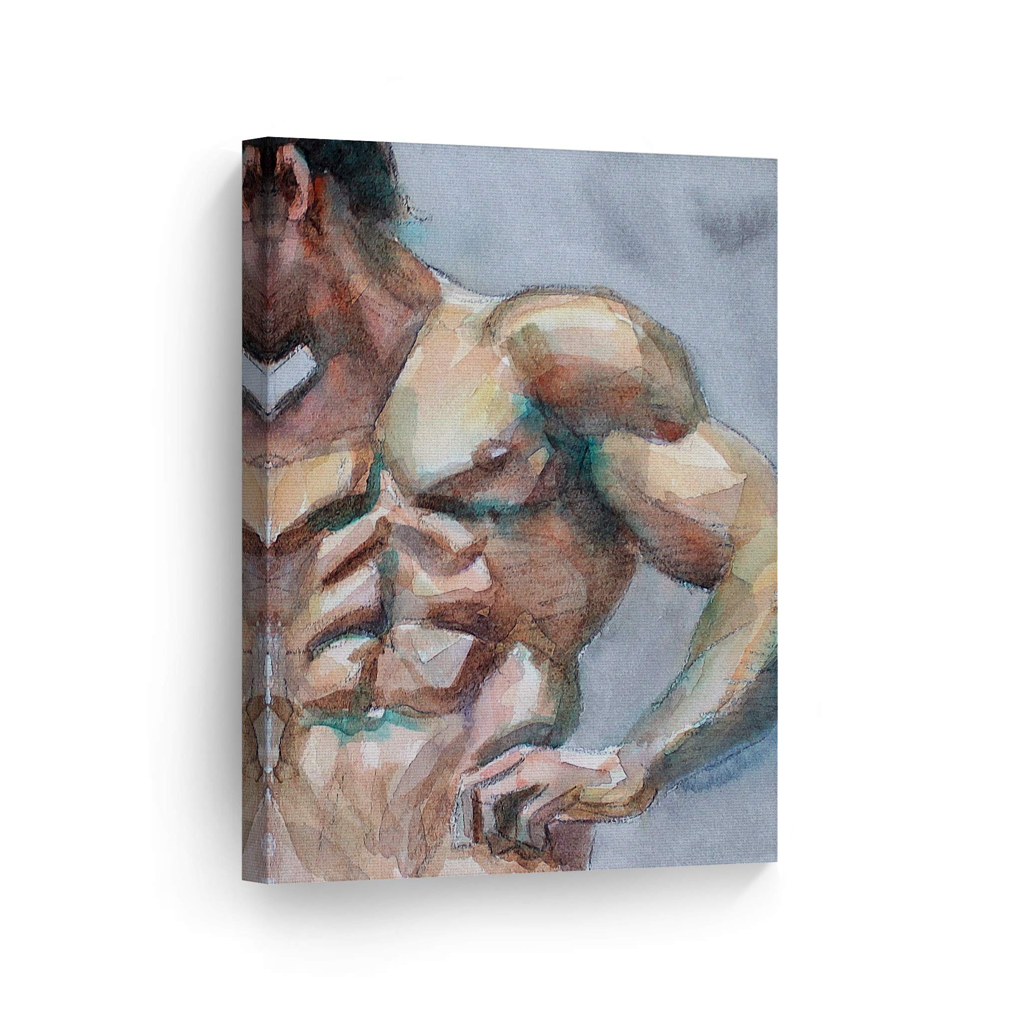 Kenney Mencher LGBT Art Canvas Print - Hunky McMuscleHaver Watercolor Portrait | Nude Male Figure Painting | Gay Wall Decor for Living Room & Bedroom | Ready to Hang 36x24 | Perfect for Pride Month & LGBTQ+ Home Decor