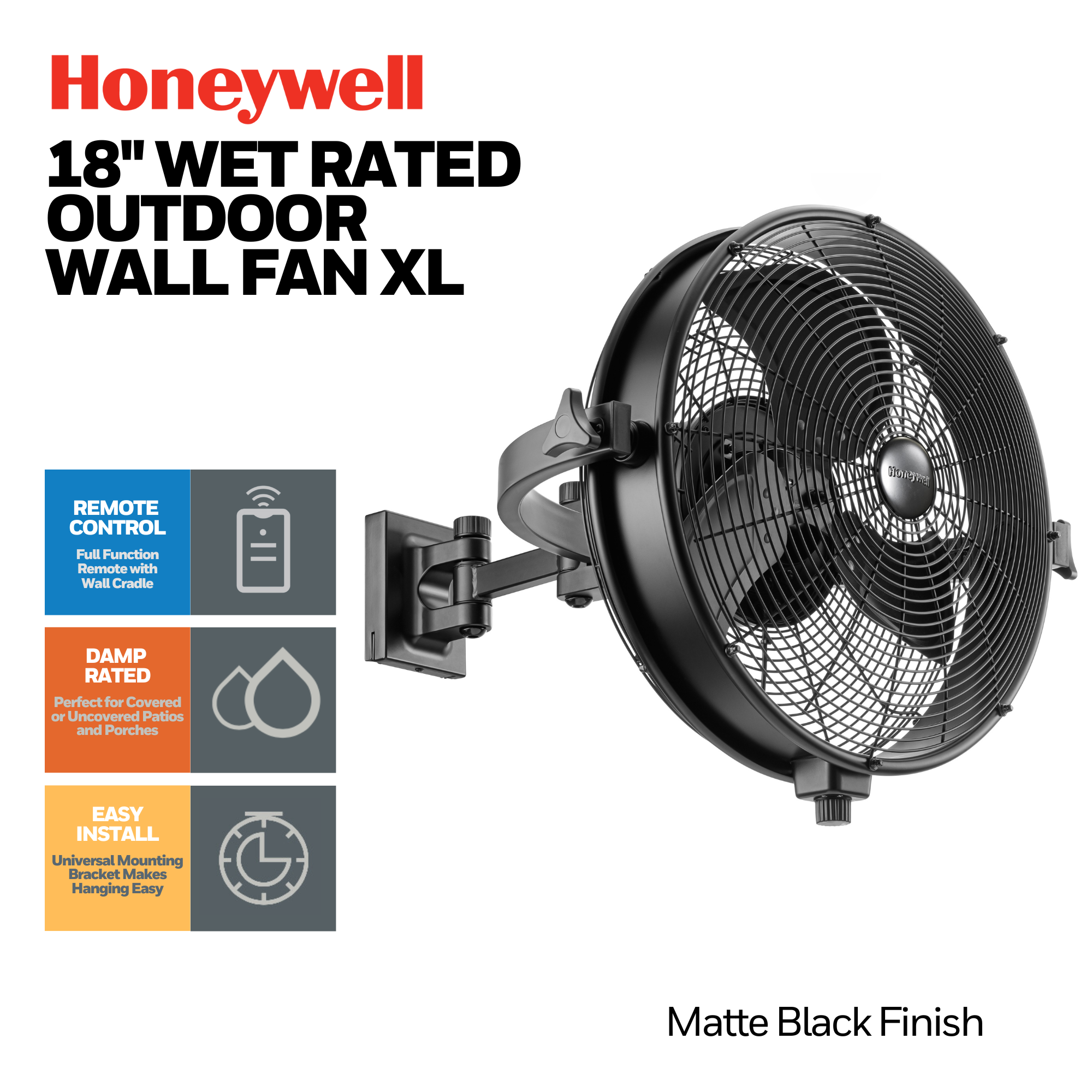 Honeywell 53031-98 Wet Rated Outdoor Patio Fan - Black Wall Mounted Ceiling Fan with Remote Control for Porch, Gazebo & Backyard