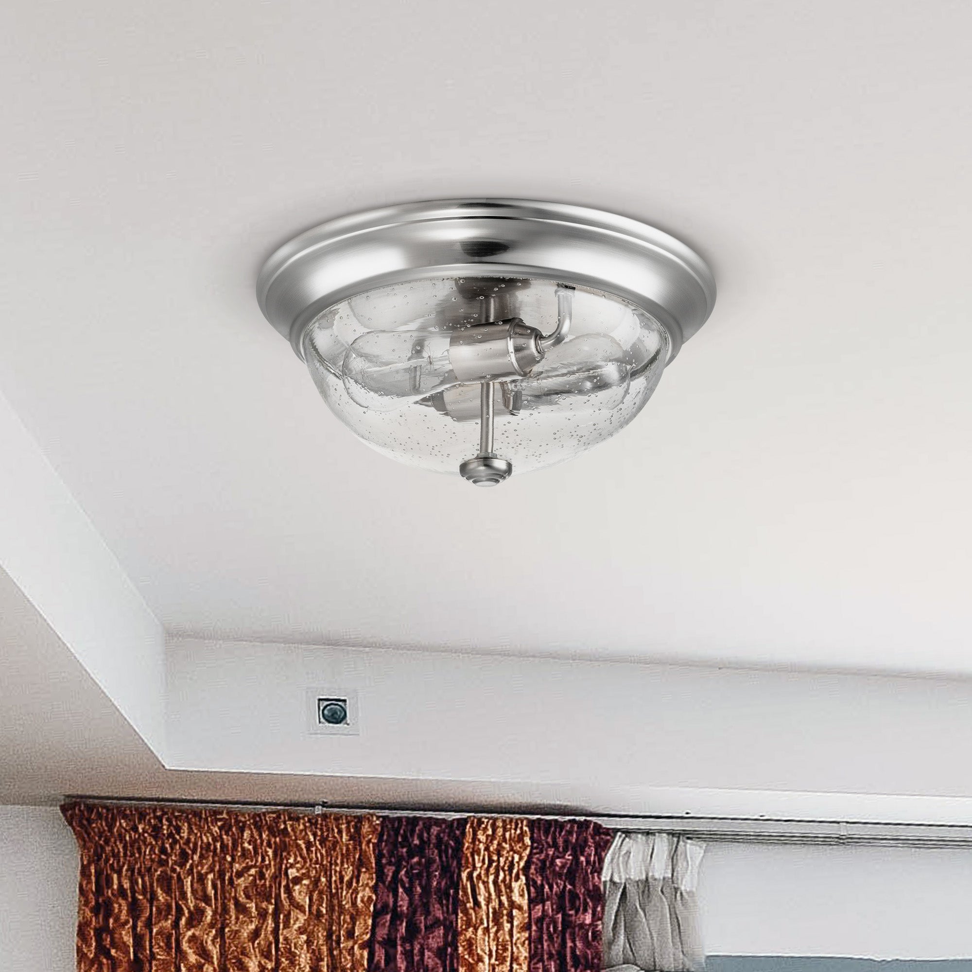 13 Inch Designer Flush Mount Bowl Light - Clear Seeded Glass with Brushed Nickel Finish | Perfect for Kitchen Island, Dining Room & Bedroom Lighting