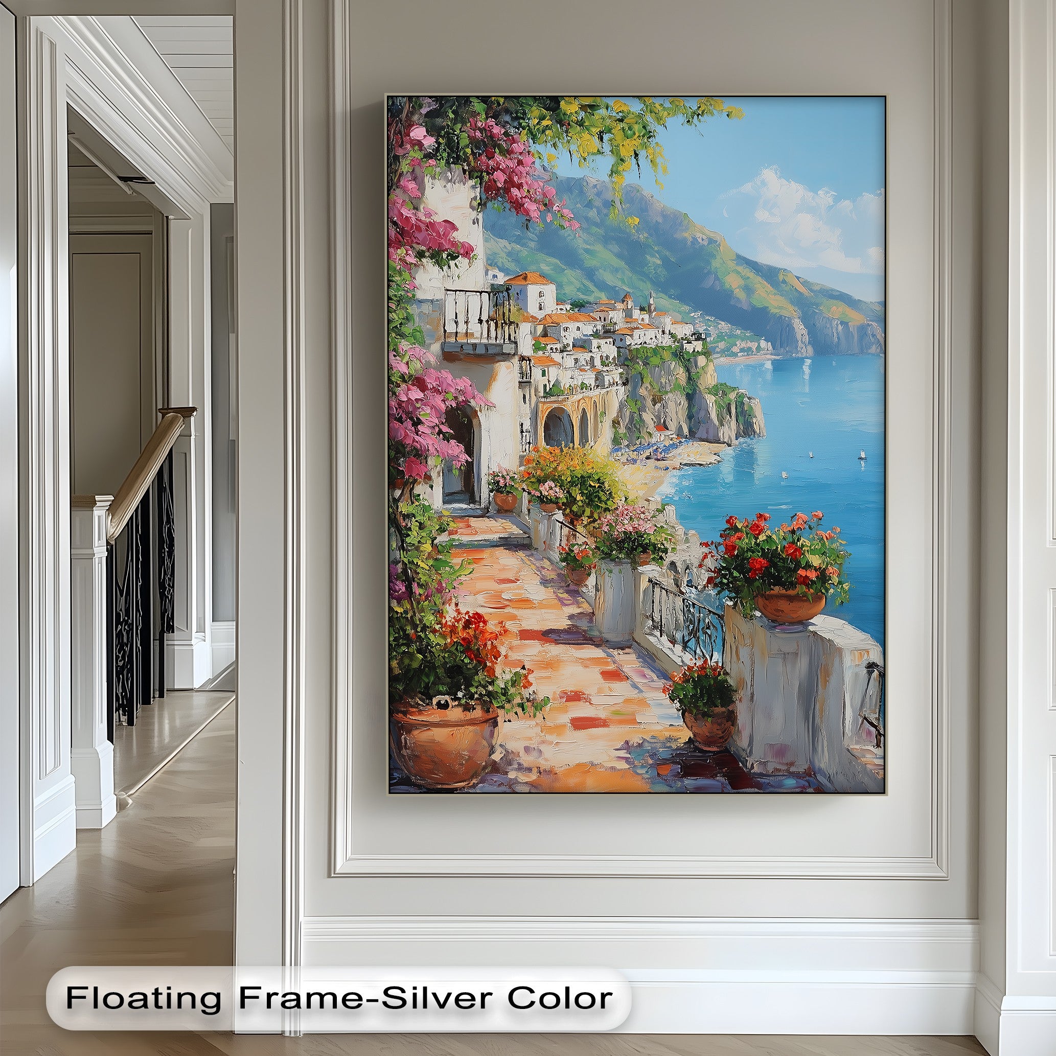 Amalfi Terrace Bloom Coastal Italian Balcony Canvas Print - Stunning Wall Art for Beach House, Living Room & Office Decor