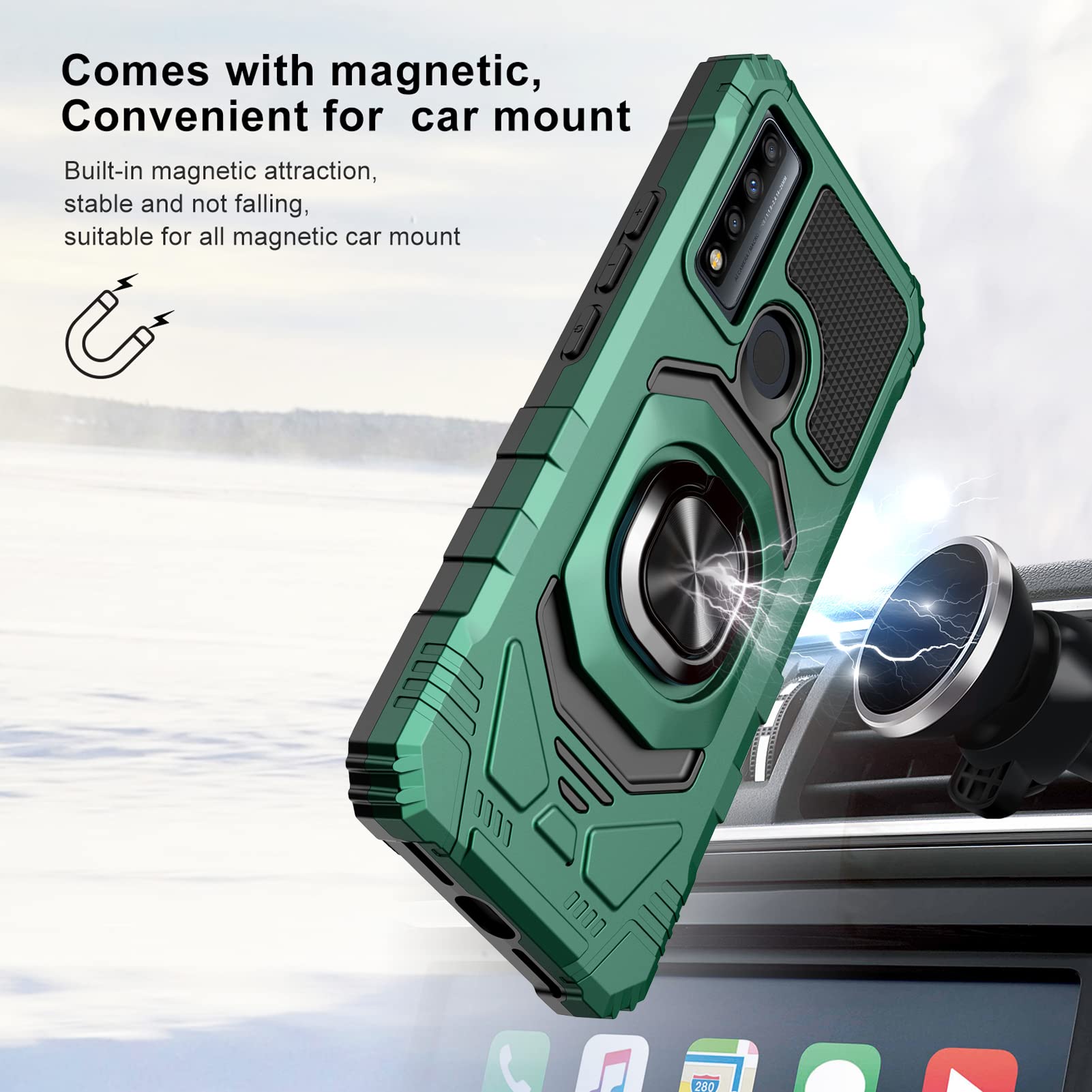 Ailiber Rugged Case for TCL 30 XE 5G & TCL 20R 5G - Military Grade Shockproof Protective Cover with Built-in Ring Kickstand & Screen Protector, Compatible with Magnetic Car Mount (Green) - Perfect for Outdoor Adventures, Work & Daily Use