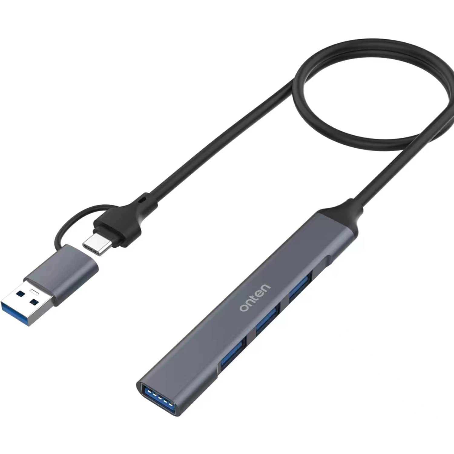 ONTEN 4-Port USB C Hub with 1.6ft Cable - USB C to USB A Adapter for MacBook Pro/iMac 2021, Aluminum Alloy USB 3.0/2.0 Splitter (Gray) - Perfect for Home Office, Travel & Multi-Device Charging