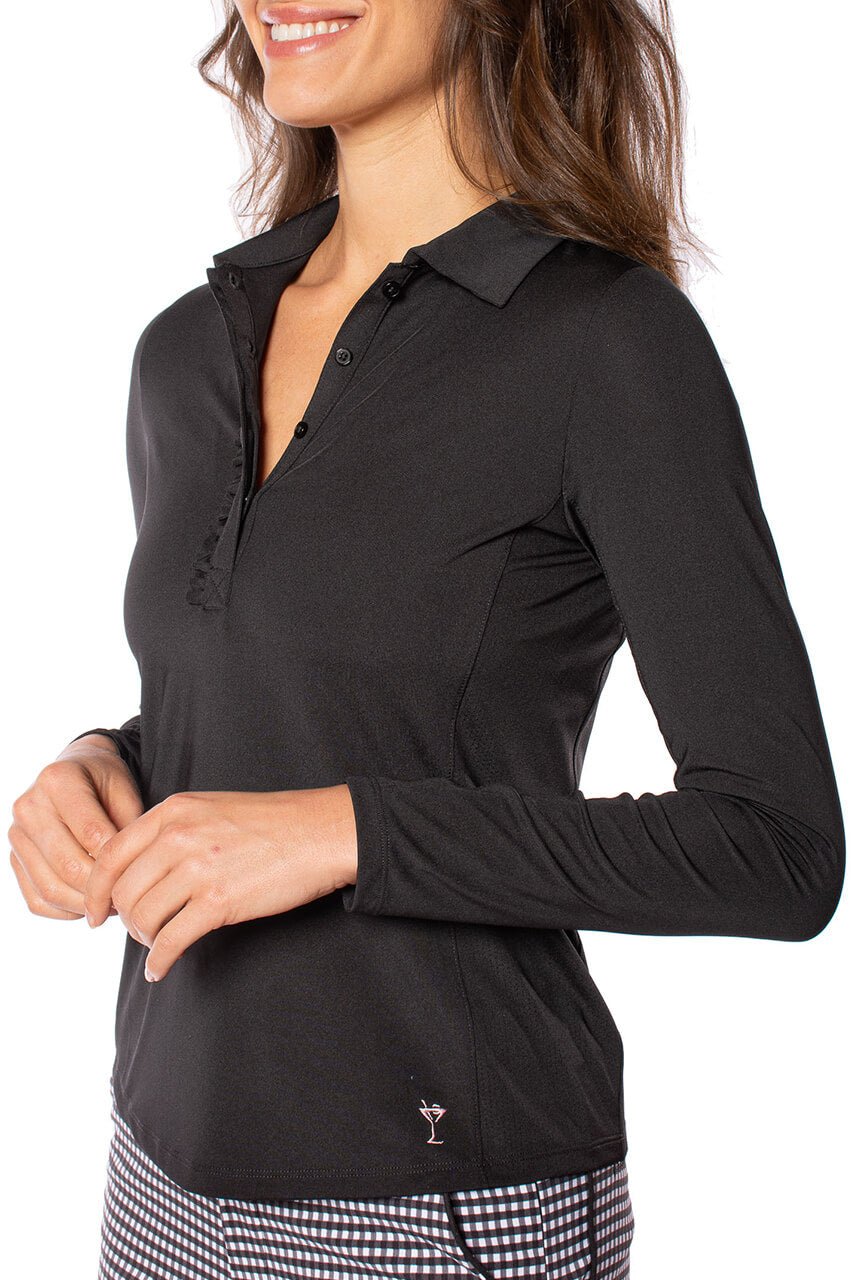 Elegant Black Long Sleeve Ruffle Polo Shirt for Women - Stylish Office & Casual Wear - Perfect for Work, Dates & Special Occasions