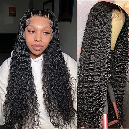 Manorshen 100% Brazilian Virgin Human Hair Deep Curly Wave Lace Front Wig - Glueless, Pre-Plucked with Baby Hair, Unprocessed Natural Black | Perfect for Daily Wear, Parties & Special Occasions