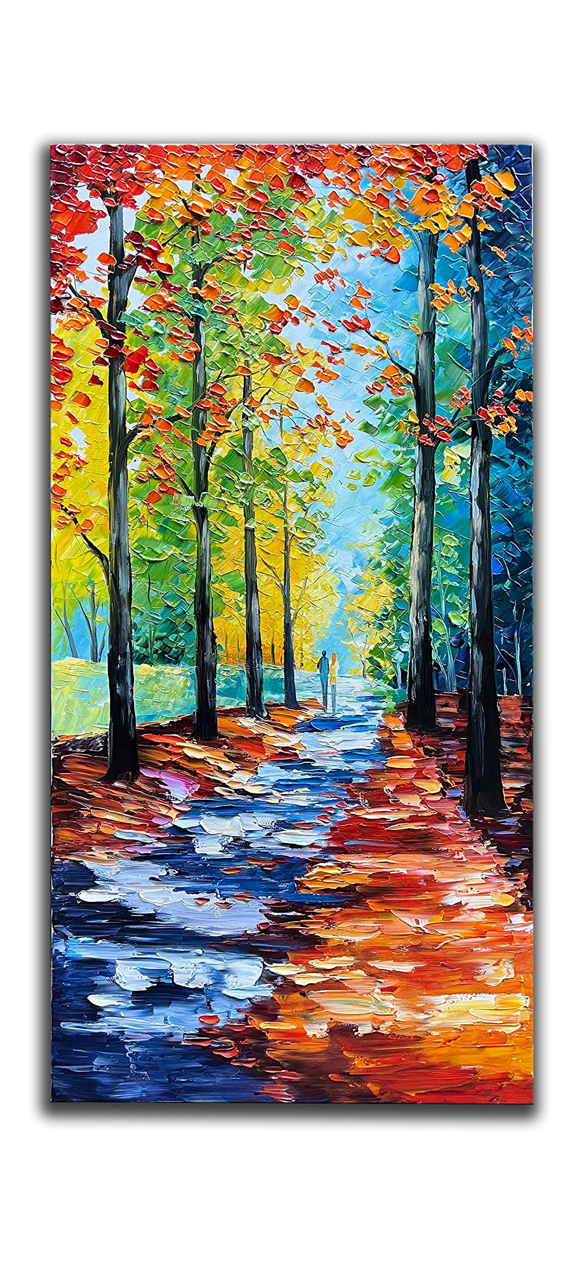 JELRINR Hand-Painted Autumn Landscape Oil Painting on Canvas - 24x48 Inch Contemporary Palette Knife Texture Artwork - Perfect for Living Room, Office & Wall Decor - Acrylic Home Art for Cozy Fall Ambiance