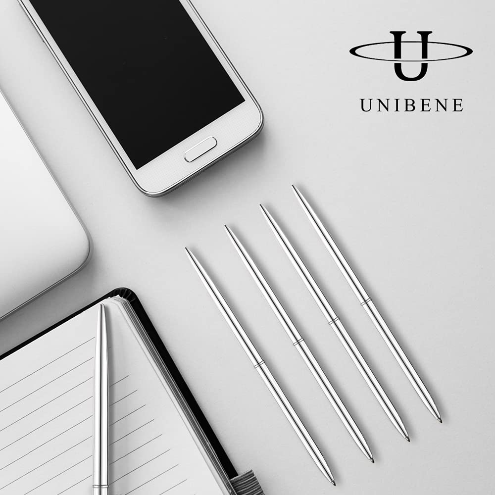 Unibene 12 Pack Ballpoint Pens - Silver Metallic Retractable Office Pens, 1mm Medium Point Black Ink, Slim Lightweight Design for Business, School & Gift Giving (Perfect for Students, Teachers & Christmas Presents)