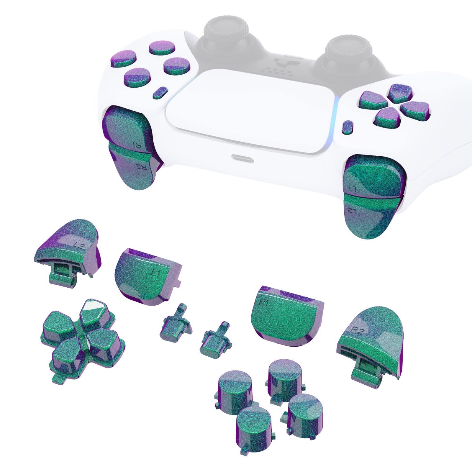 eXtremeRate Replacement D-pad R1 L1 R2 L2 Triggers Share Options Face Buttons - Chameleon Green Purple Full Set Compatible with PS5 Controller BDM-010 & BDM-020 - Perfect for Gaming, Controller Customization & PS5 Accessories