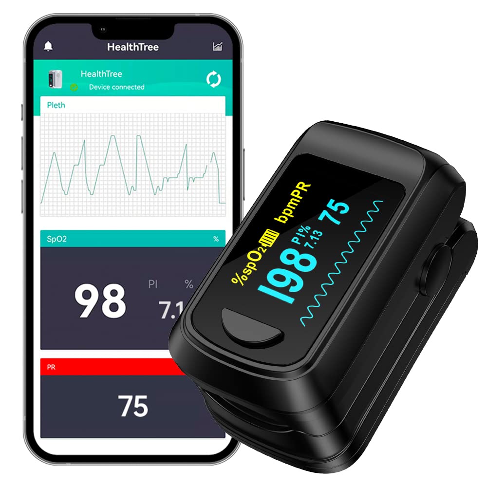 Bluetooth Pulse Oximeter for Apple & Android - Fingertip Blood Oxygen Saturation & Heart Rate Monitor with OLED Display, 2 AAA Batteries & Lanyard Included - Perfect for Fitness Tracking, Sleep Monitoring & Health Checkups