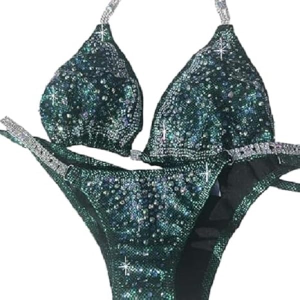 **Turquoise Blue Crystal Bikini Set for NPC Bikini Competitions – Rhinestone Clustered Ab Design, Teal Green Swimsuit (Medium HIPS 34.5