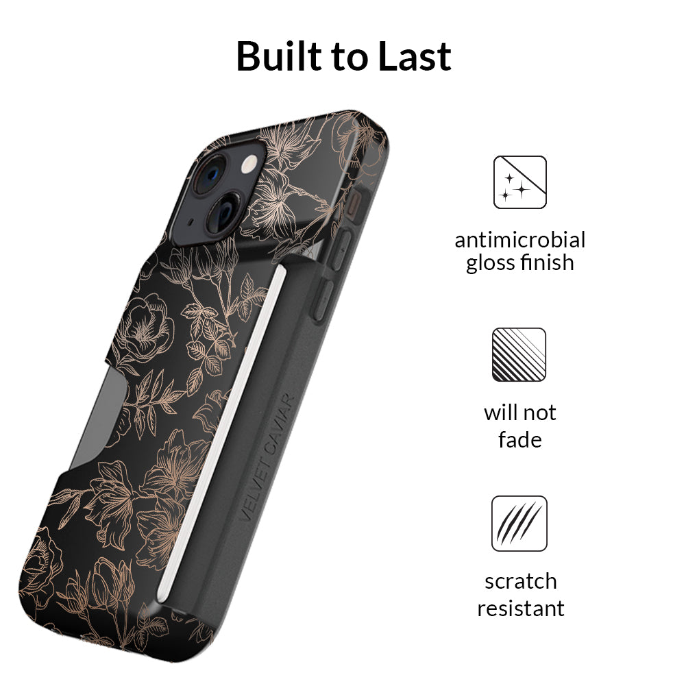 Floral Rose Gold iPhone Wallet Case - Slim Protective Phone Cover with Card Holder for iPhone 13/14/15 - Perfect for Everyday Use, Travel & Shopping