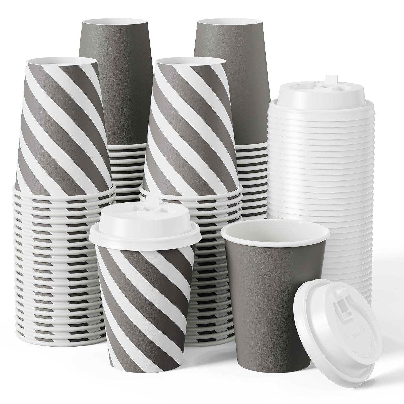 JOLLY CHEF 100 Pack 12 oz Disposable Paper Coffee Cups with Lids - Printed Hot Drink Cups for Home, Office, Restaurant & Cafe Use - Stripes and Grey Design - Perfect for Coffee, Tea, Hot Chocolate and Takeout Beverages
