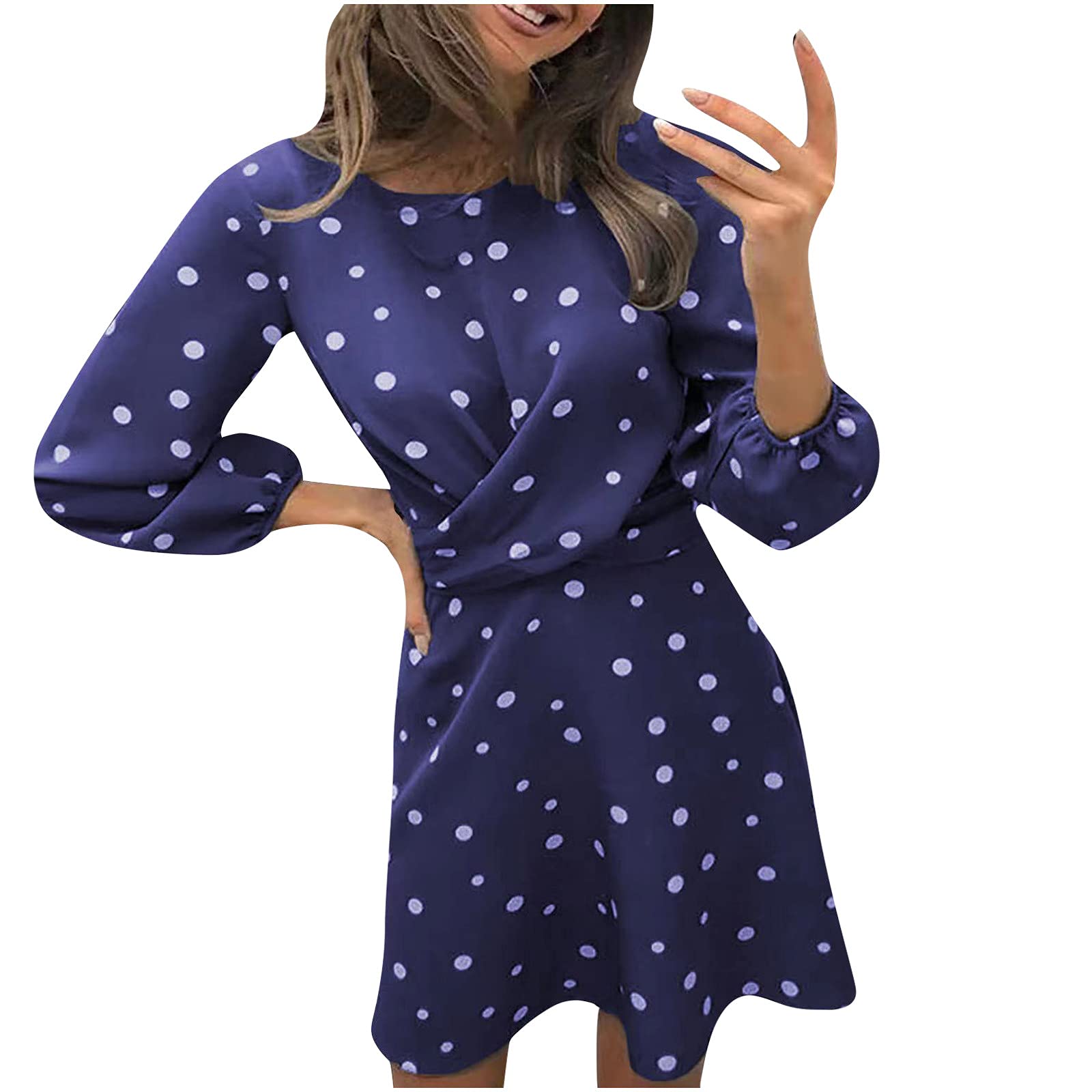 SHENYANGWA Women's Wedding Guest Dress - Casual Boho Polka Dot Long Sleeve Mini Dress with Crewneck & High Waist | Perfect for Fall Weddings, Parties & Date Nights