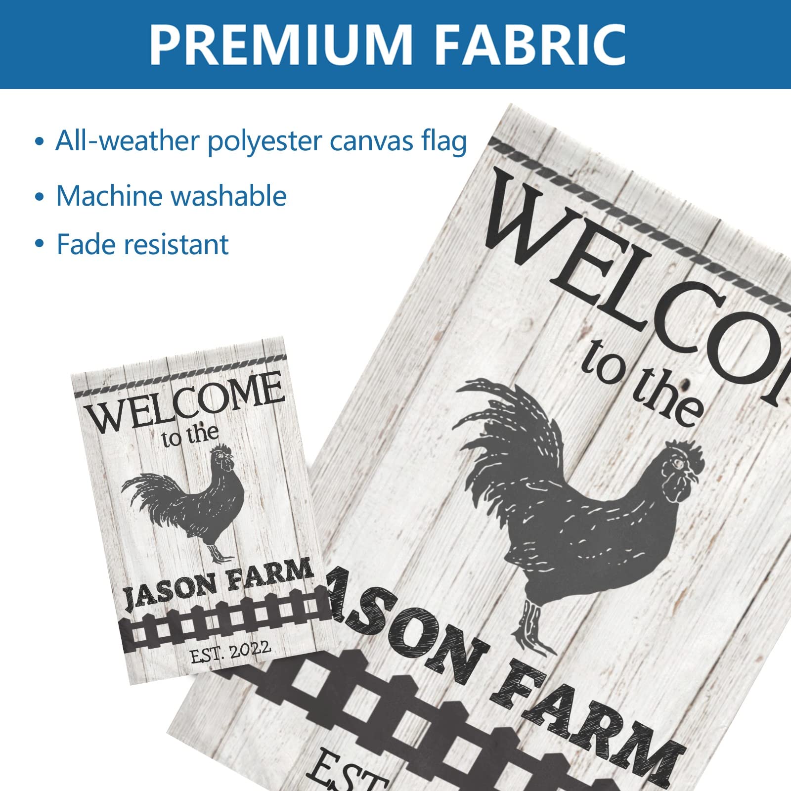Custom Personalized Welcome Black Chicken Farm Wood Print Garden Flag - Double Sided 28x40 Inch with Name - Indoor Outdoor Home Decor for Porch, Yard, Farmhouse & Seasonal Celebrations