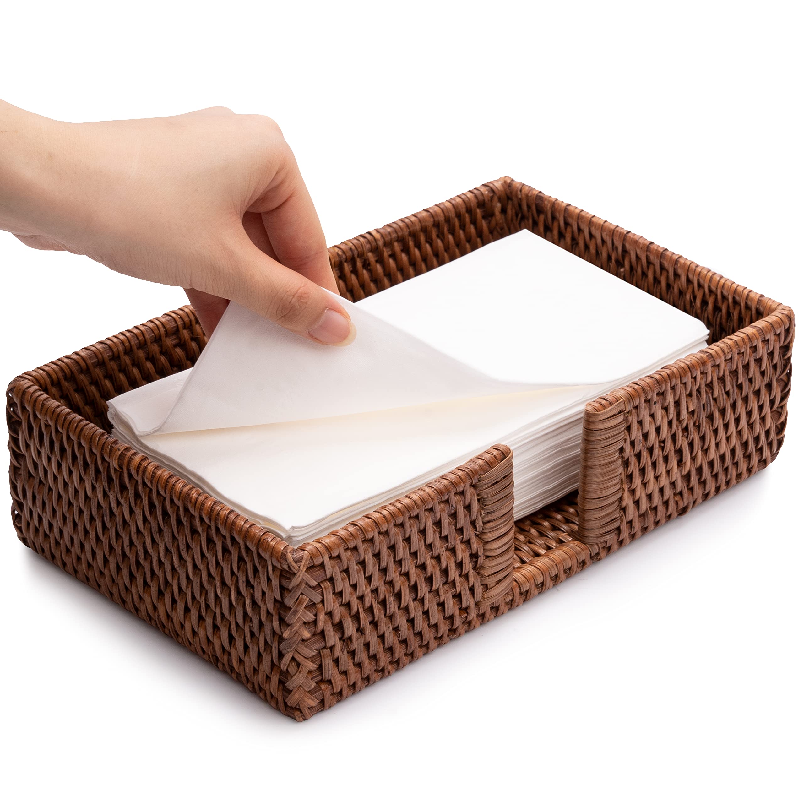 Dark Brown Rattan Bathroom Towel Holder - 9.4 x 5.9 x 2.4 Inch Wicker Toilet Tank Basket for Tissue & Hand Towels Storage - Perfect for Bathroom, Kitchen Countertop & Luncheon Napkin Organization
