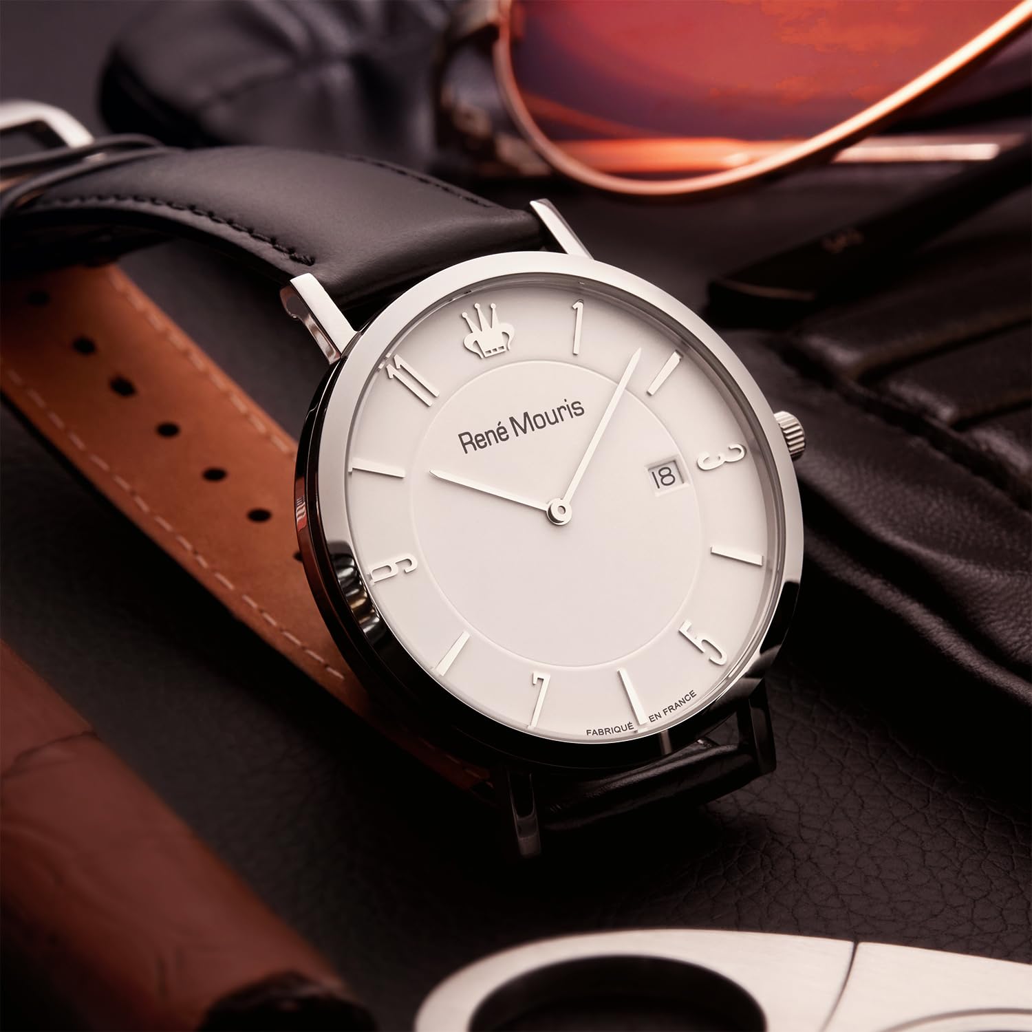 René Mouris L'Emporter Men's Quartz Watch - 41mm 316L Stainless Steel Case, Sapphire Coated Mineral Crystal, 50M Waterproof with Italian Leather Strap | Classic Dress Watch for Business, Office & Formal Occasions