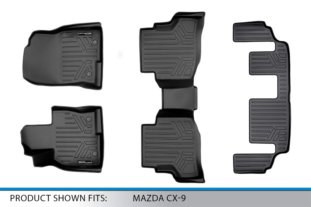 Premium SMARTLINER Custom Fit Floor Mats - 3 Row Liner Set (Black) for 2016-2021 Mazda CX-9 | 2nd Row Bucket/Bench with Center Console | All-Weather Protection & Easy Cleaning for SUVs, Family Cars & Road Trips