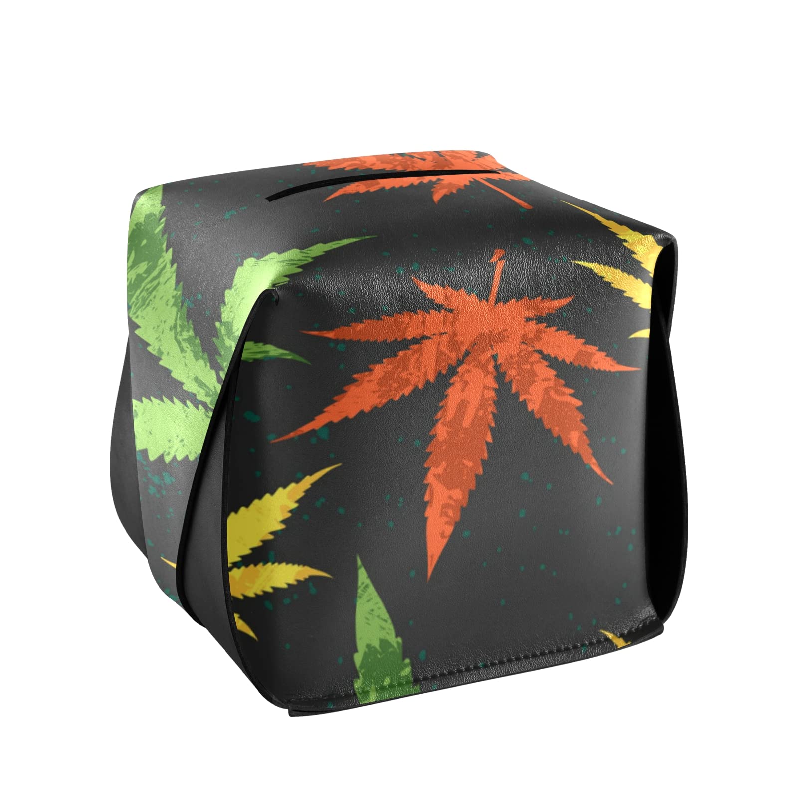 Vintage Cannabis Leaf Pattern Leather Tissue Box Cover - 5.7x5.7x5.7 Inch Black Square Tissue Holder with Handle for Bathroom, Home, Office & Car - Waterproof & Stylish Home Decor Accessory for Nightstand, Vanity & Desk