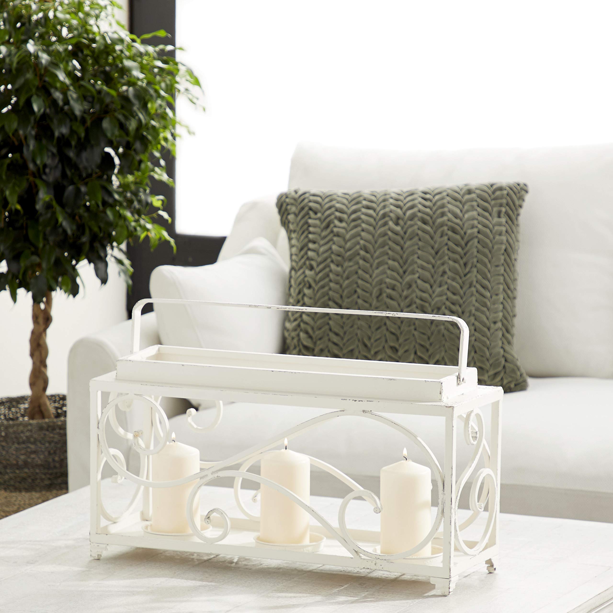 Deco 79 91159 Large Vintage White Metal Candle Holder with Handle & Acanthus Design - Holds 3 Pillar Candles (24